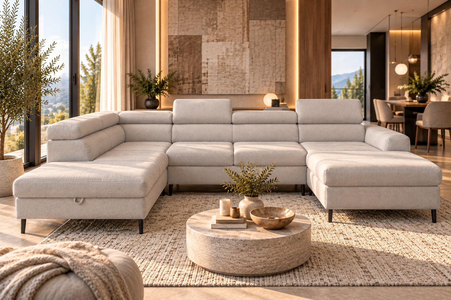 Soggiorno moderno con divano componibile U-shaped RAYO XL – Divano a U con Letto e Contenitore | VIKADO - immagine 1