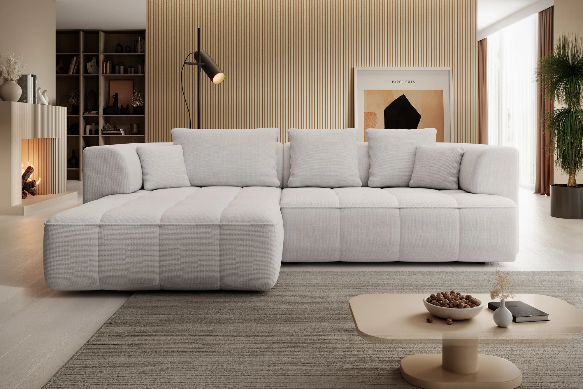 Eckschlafsofa mit elektrischem Sitz Albio – Frontansicht, im Raum