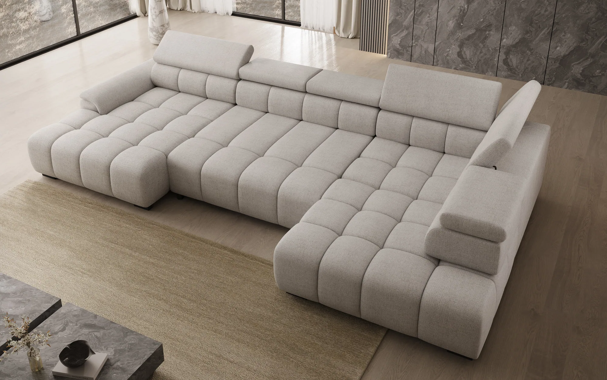 Divano angolare relax estendibile ALVIN XL con doppia penisola – funzione aperta, ambientazione