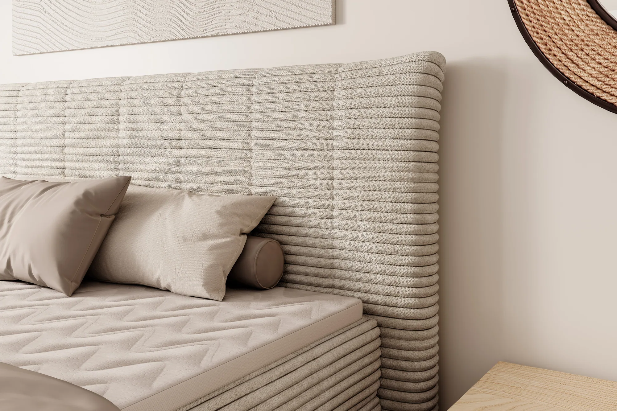 Boxspring-Doppelbett mit Bettkasten AMBER – Detail, im Raum