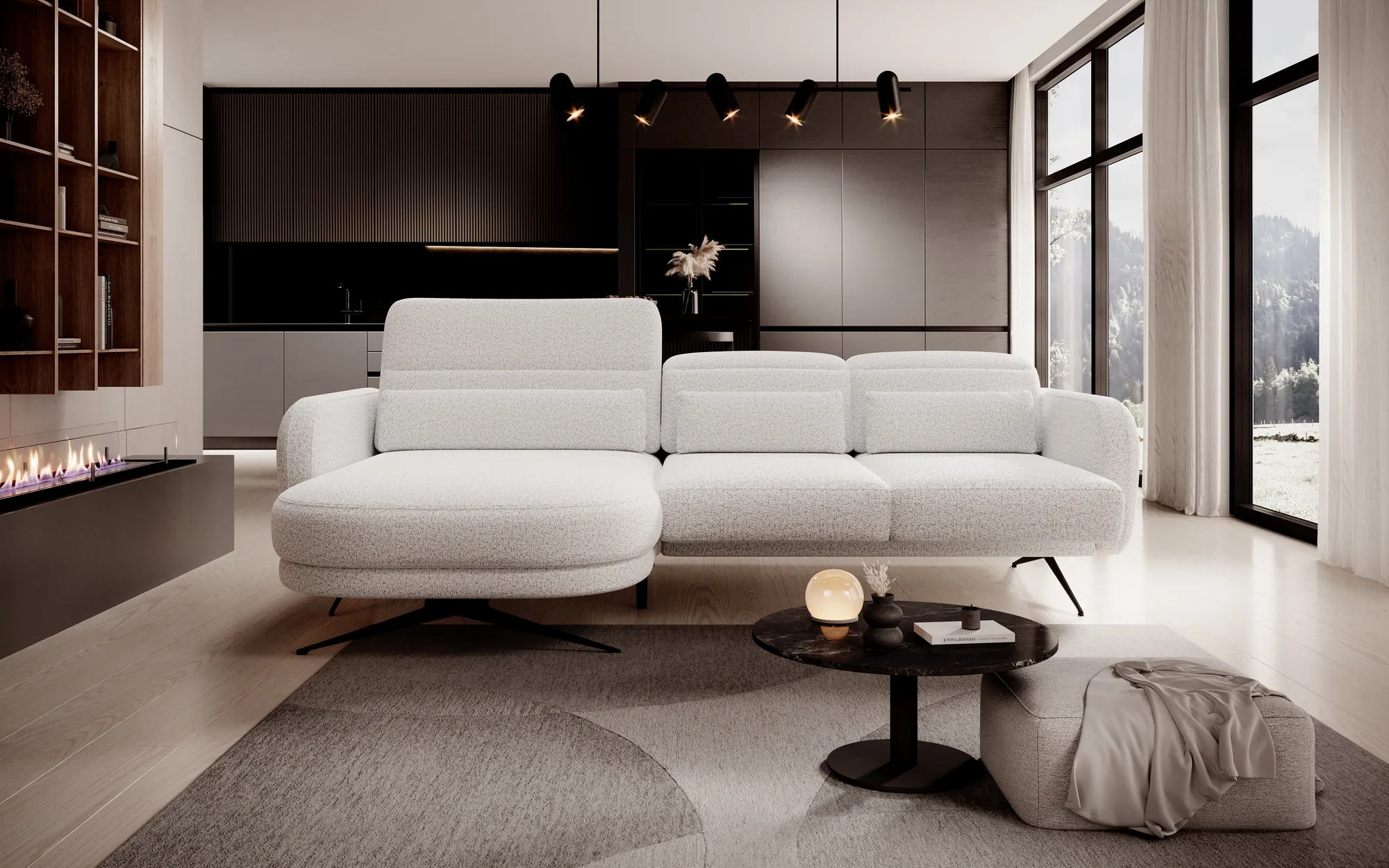 Relax-Ecksofa mit elektrischem Sitz BARILLO S – Funktion geöffnet, im Raum