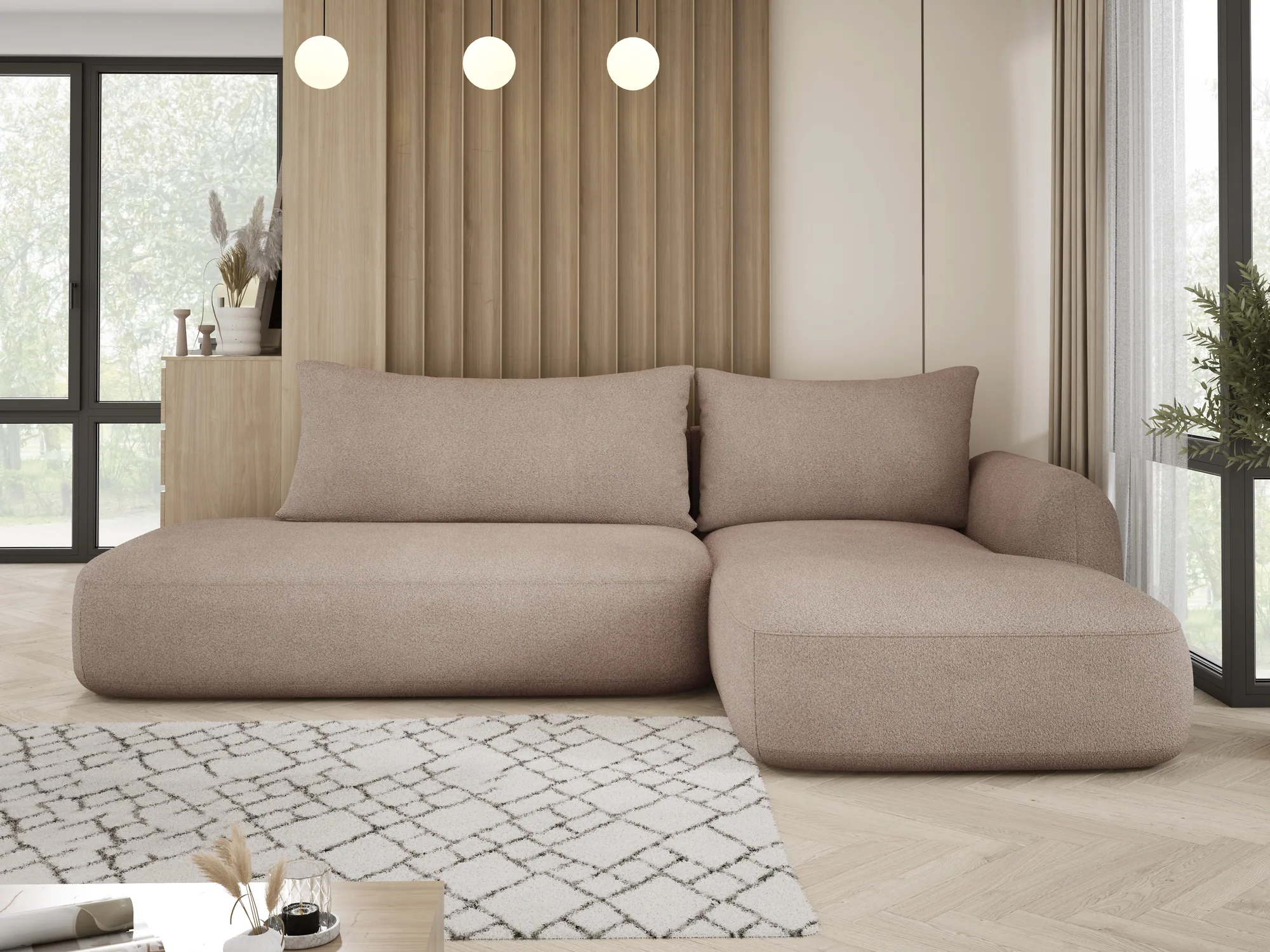 Divano letto angolare con contenitore BLOOM S – vista frontale, ambientazione