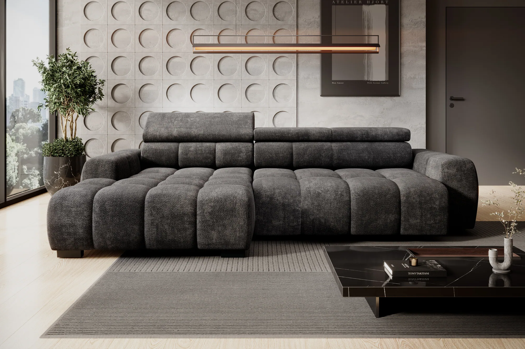 Relax-Ecksofa mit elektrischem Sitz BULL S – Funktion geöffnet, im Raum