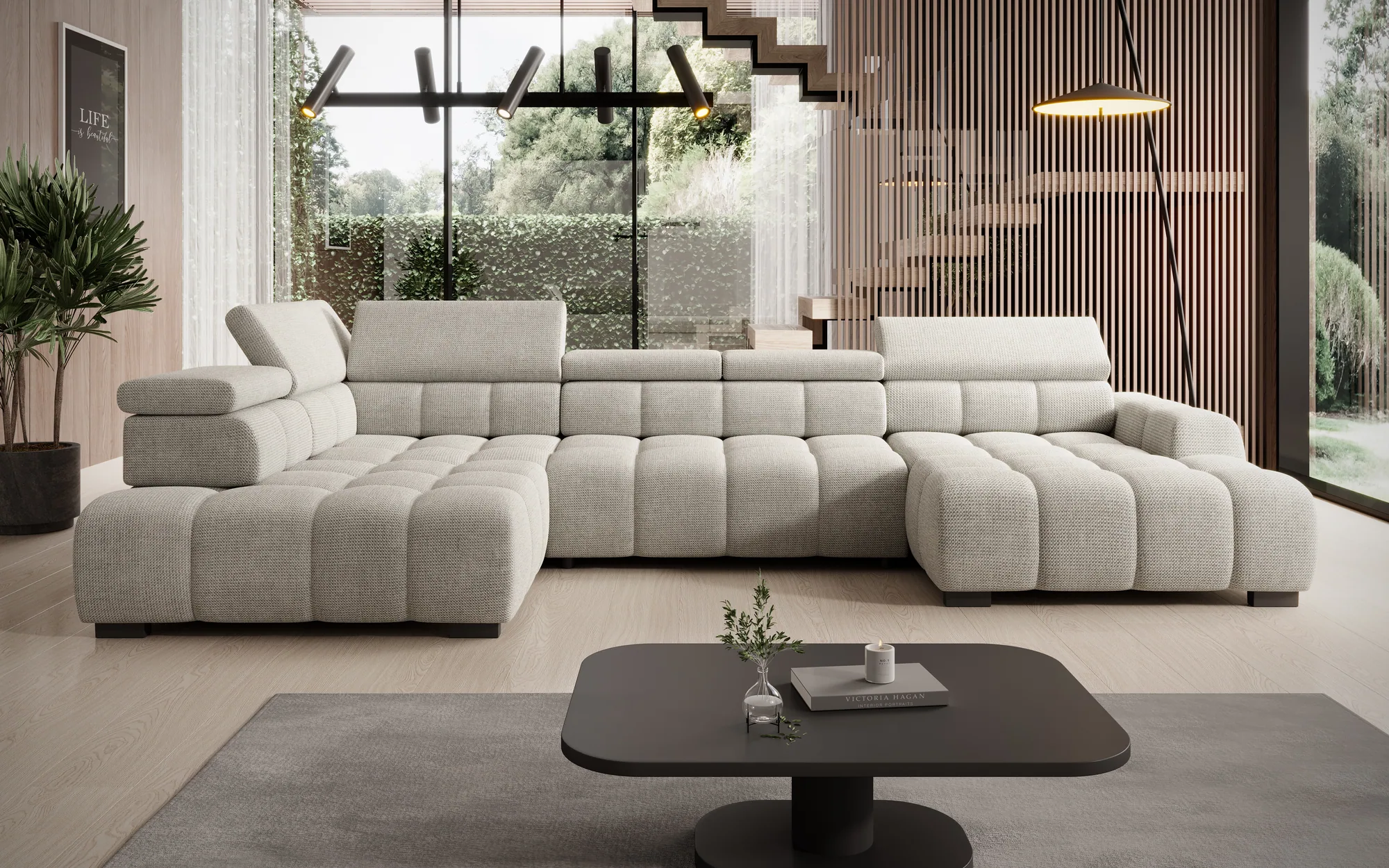 U-förmiges Relax-Ecksofa mit elektrischem Sitz BULL XL – Frontansicht, im Raum