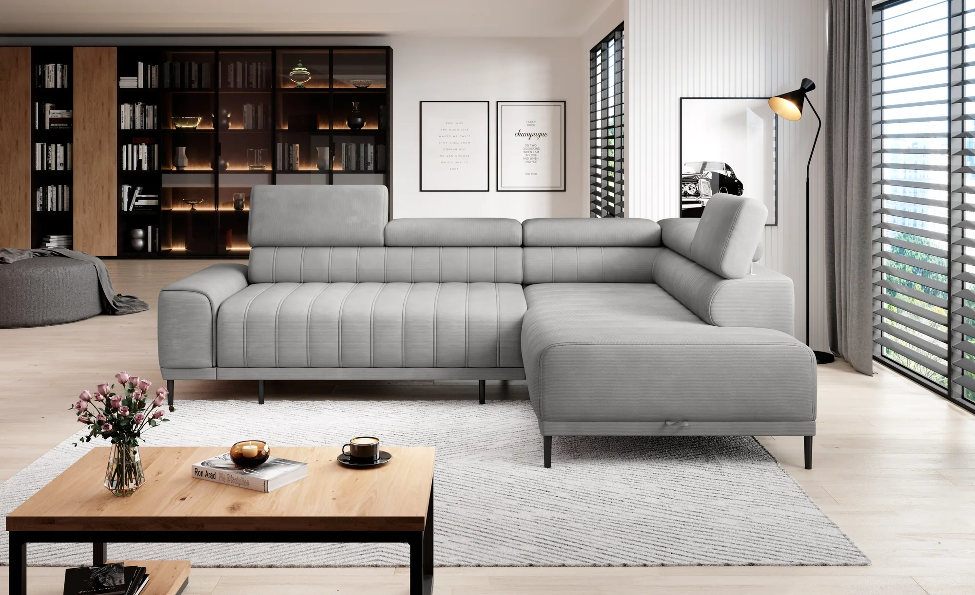Eckschlafsofa mit Bettkasten CALDO L – im Raum
