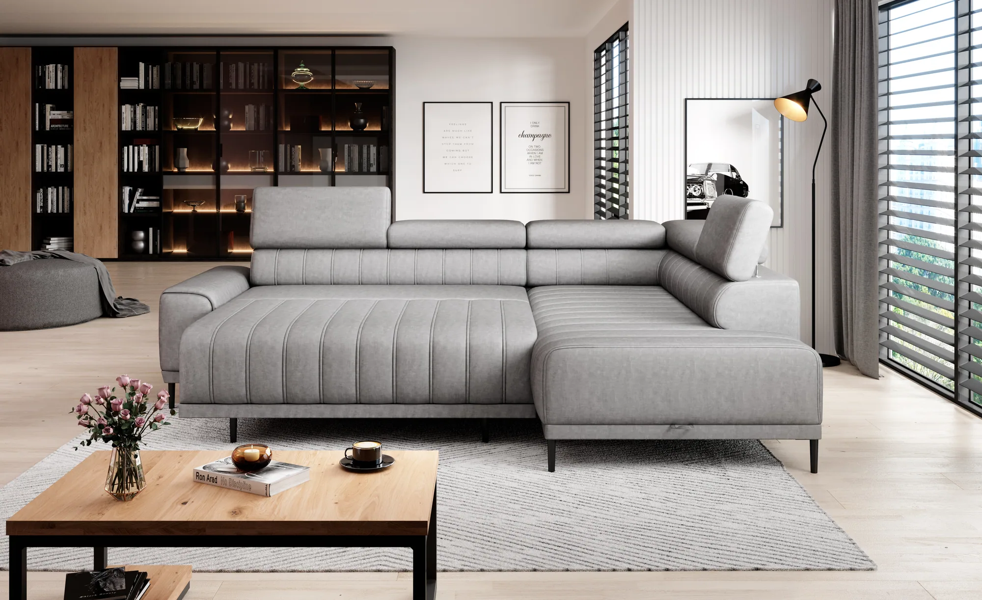 Eckschlafsofa mit Bettkasten CALDO L – Funktion geöffnet, im Raum