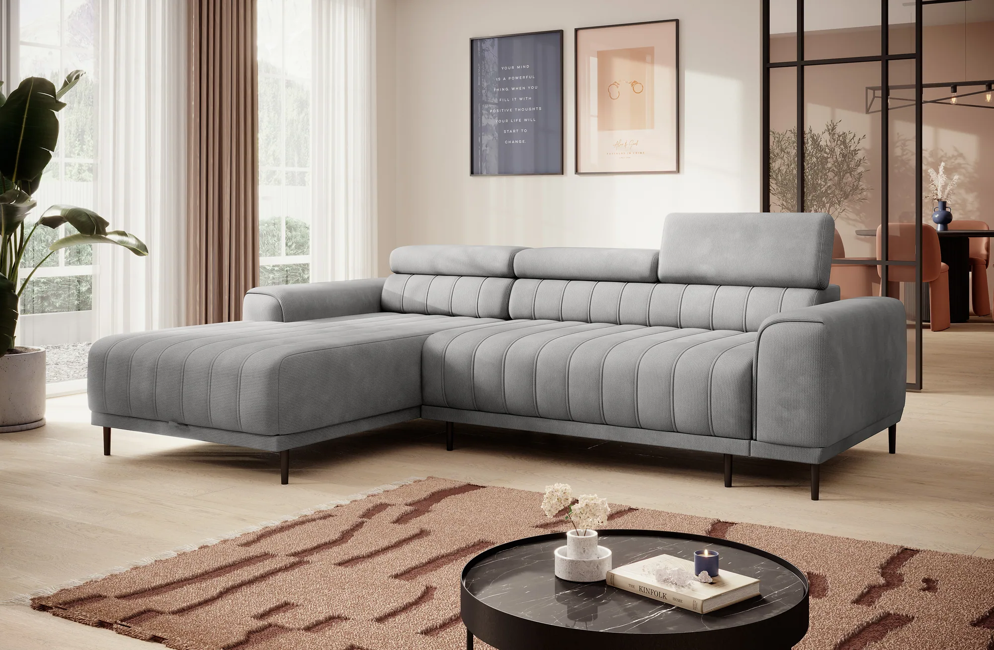 Eckschlafsofa mit Bettkasten CALDO S – im Raum