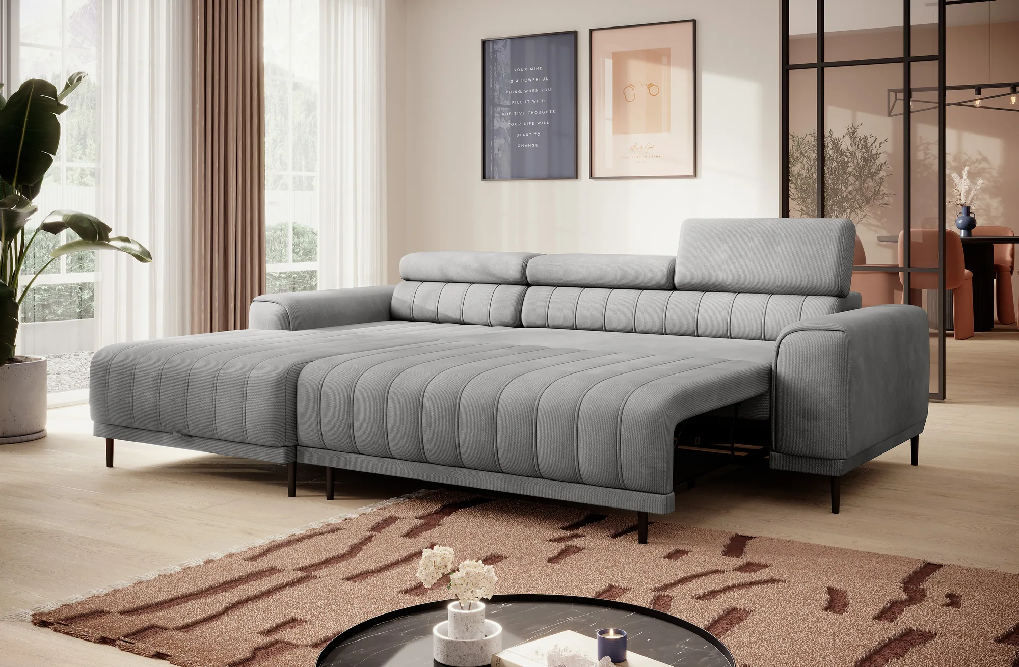 Eckschlafsofa mit Bettkasten CALDO S – Funktion geöffnet, im Raum