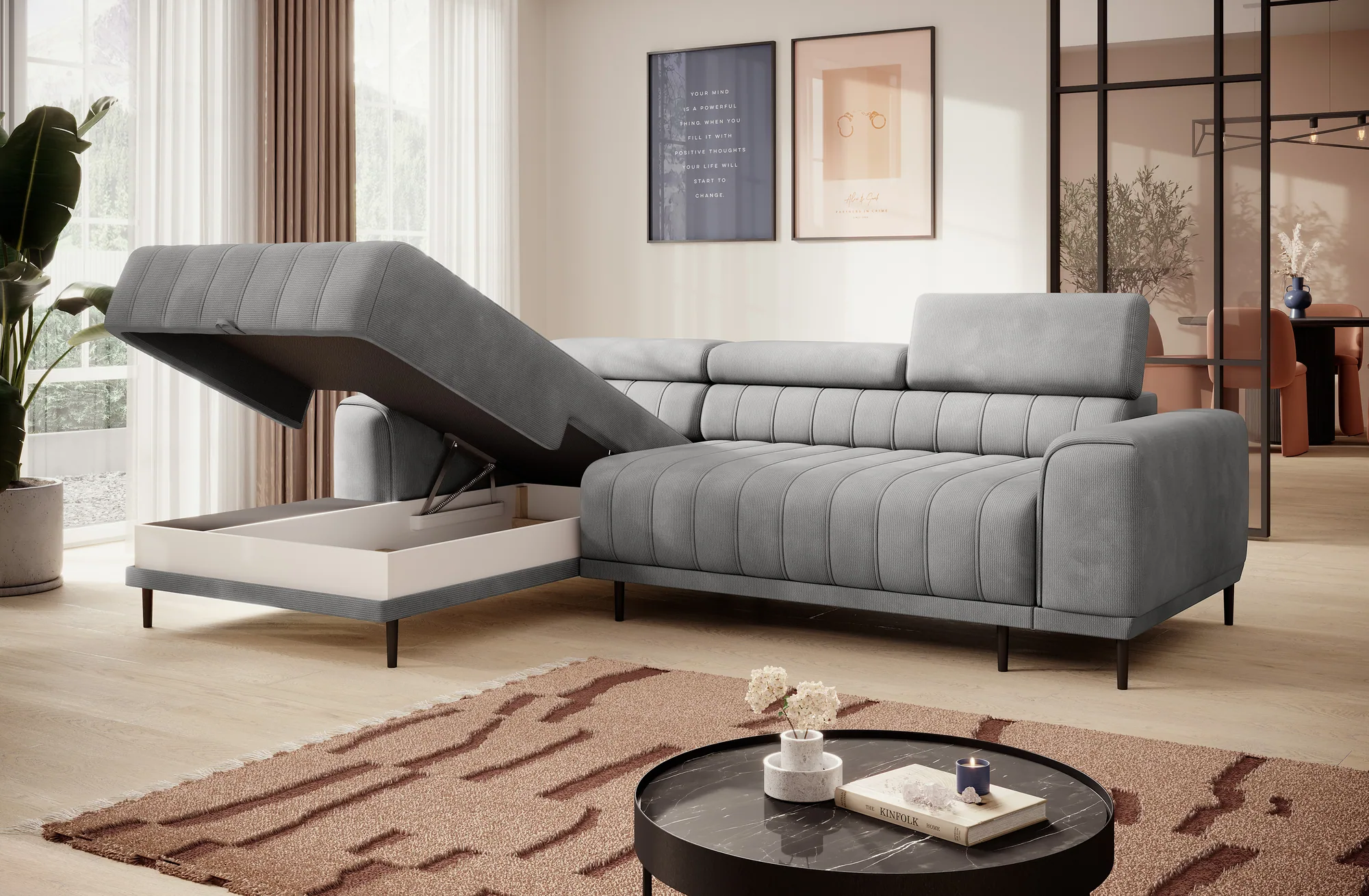 Eckschlafsofa mit Bettkasten CALDO S – Funktion geöffnet, im Raum
