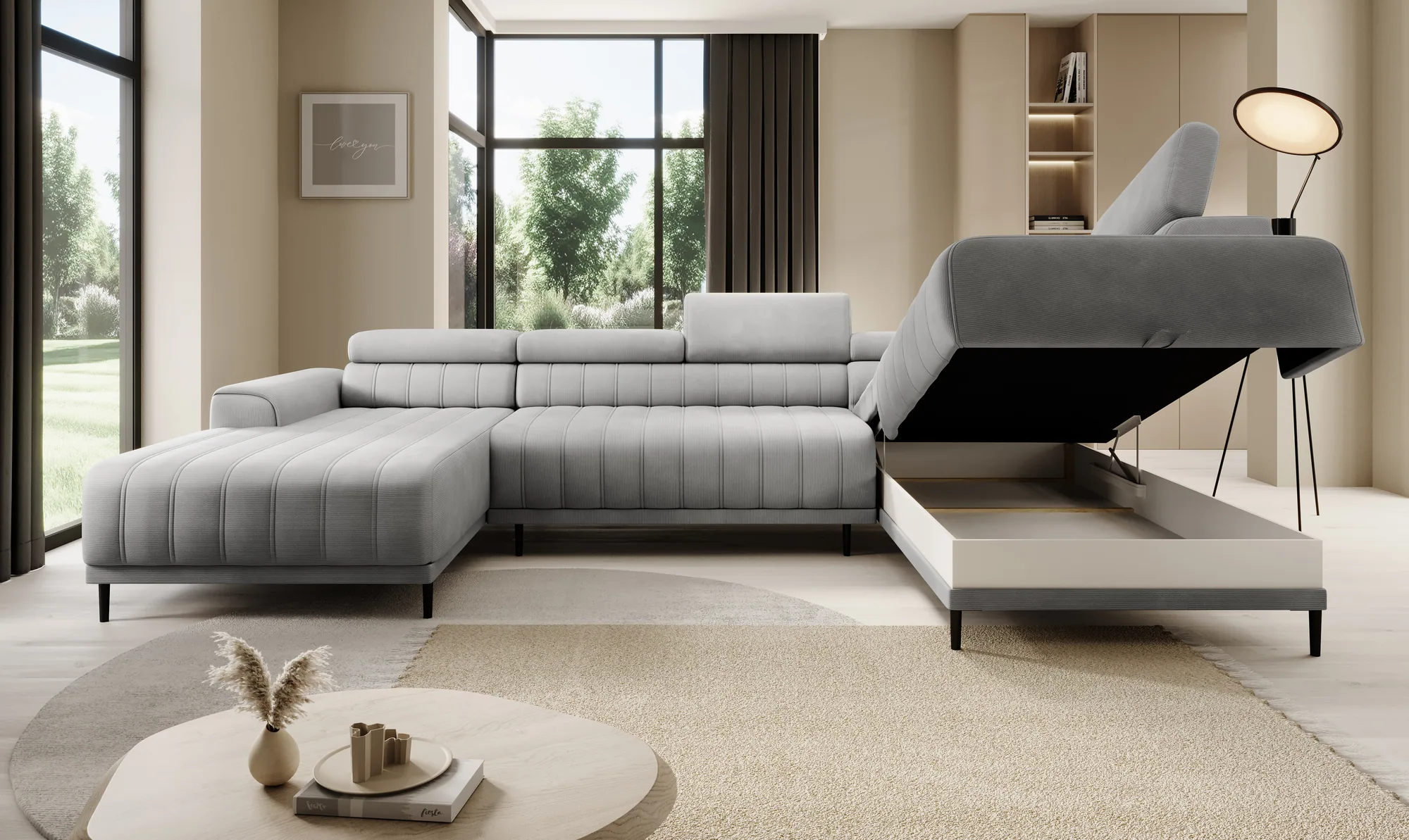 U-förmiges Eckschlafsofa mit Bettkasten CALDO XL – Funktion geöffnet, im Raum