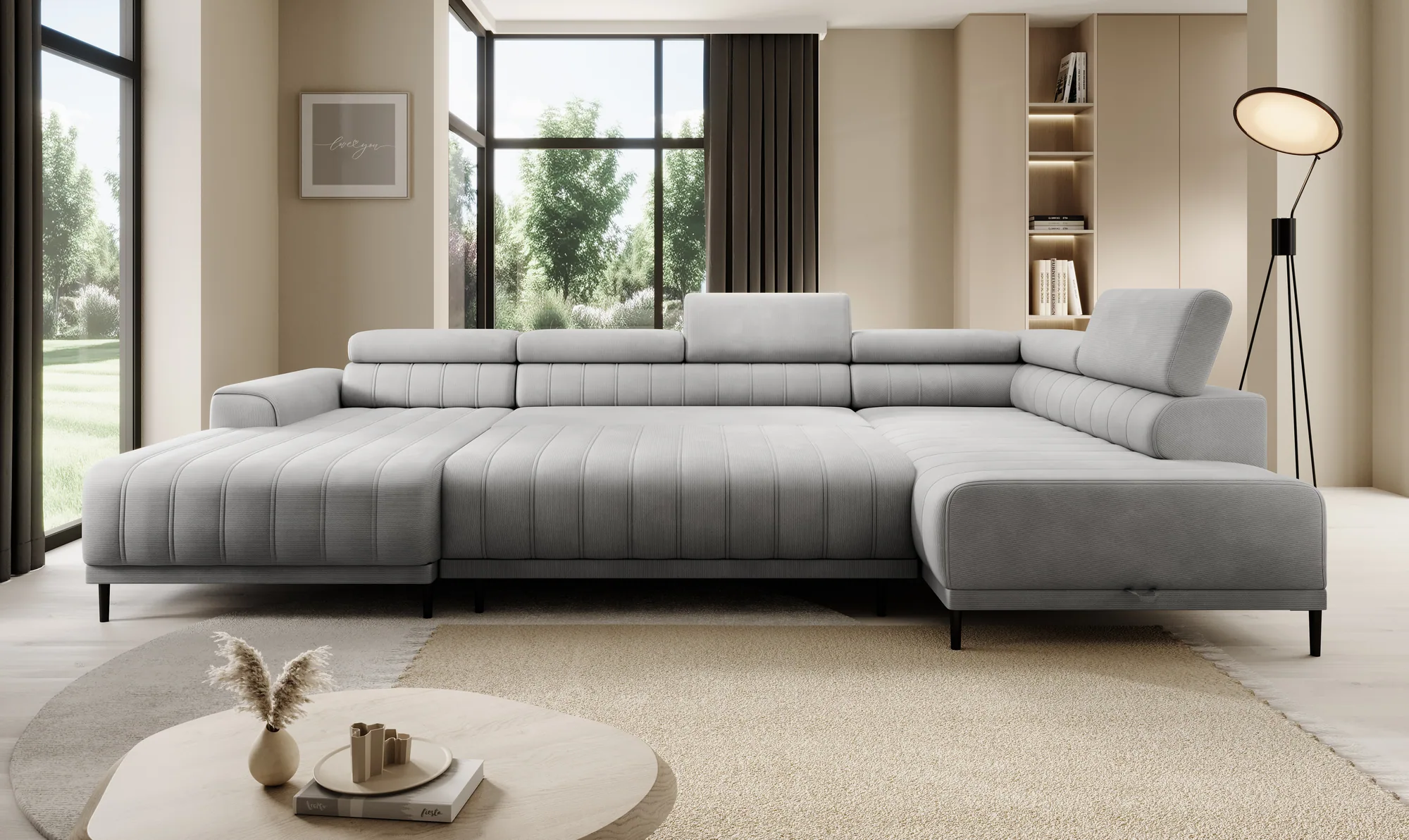 U-förmiges Eckschlafsofa mit Bettkasten CALDO XL – Funktion geöffnet, im Raum