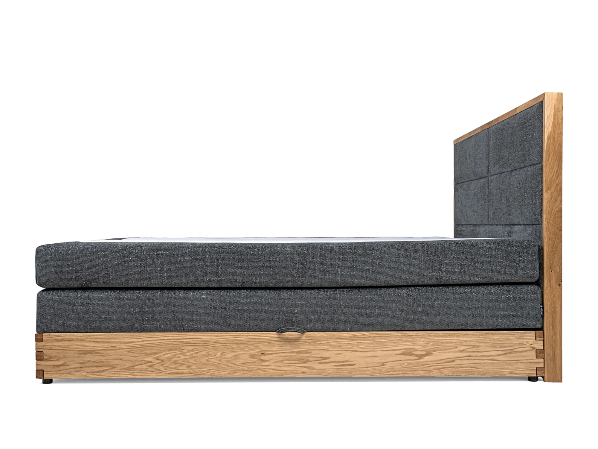 Boxspring-Doppelbett mit Bettkasten CALPA – Seitenansicht, auf weißem Hintergrund