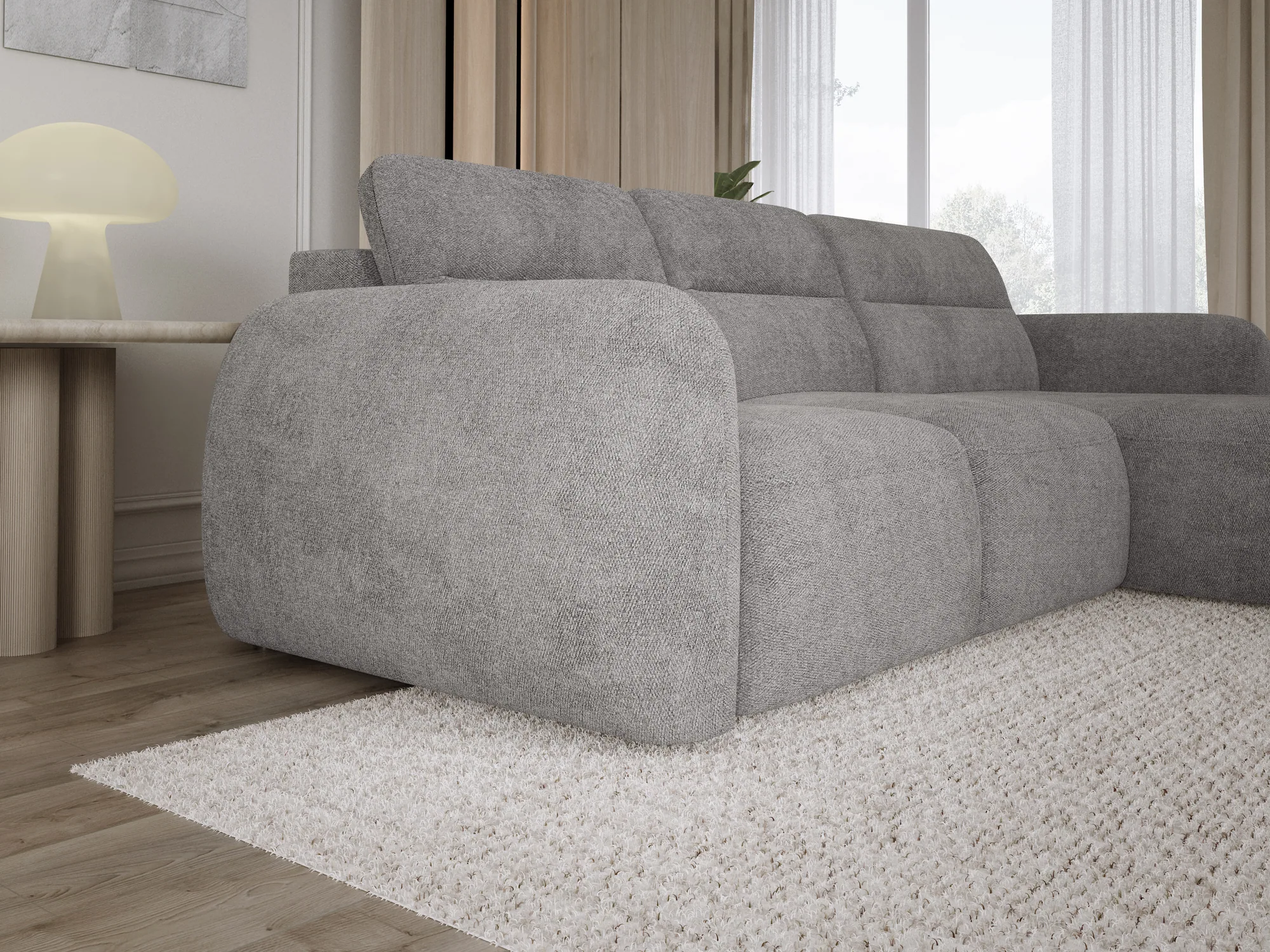 Eckschlafsofa mit elektrischem Sitz und Bettkasten CALVANO S – Detail, im Raum