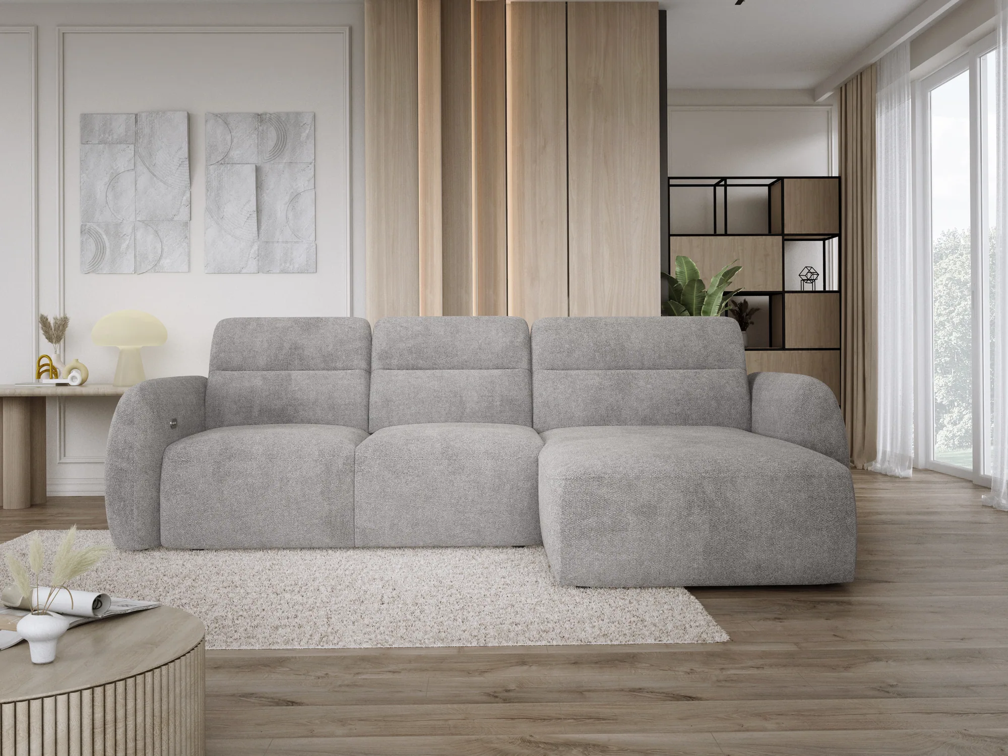 Eckschlafsofa mit elektrischem Sitz und Bettkasten CALVANO S – Frontansicht, im Raum