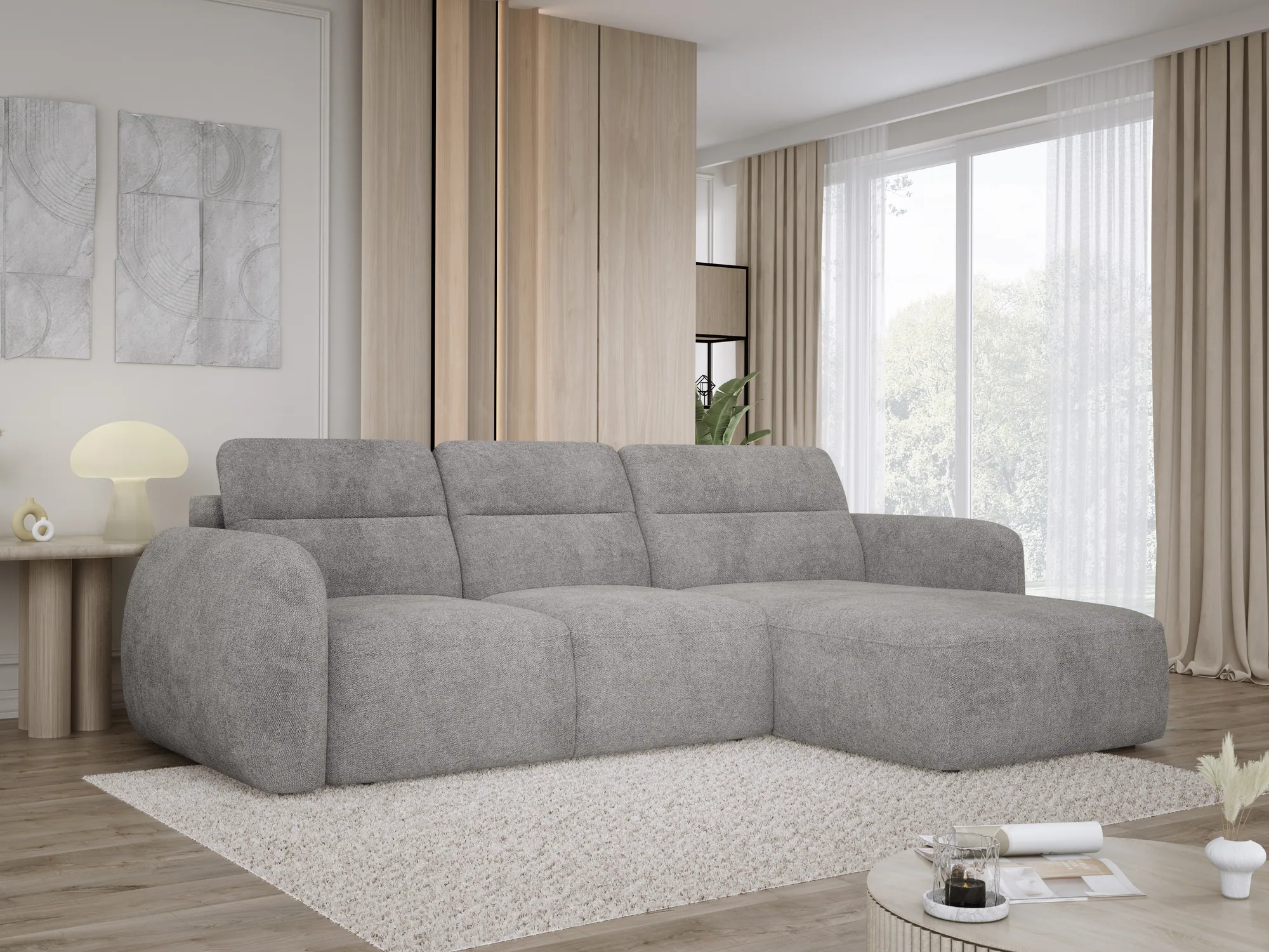 Eckschlafsofa mit elektrischem Sitz und Bettkasten CALVANO S – Schrägansicht, im Raum