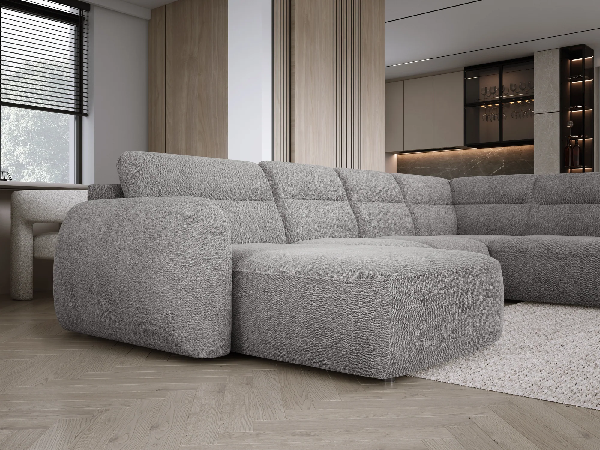 U-förmiges Eckschlafsofa mit elektrischem Sitz und Bettkasten CALVANO XL – Detail, im Raum