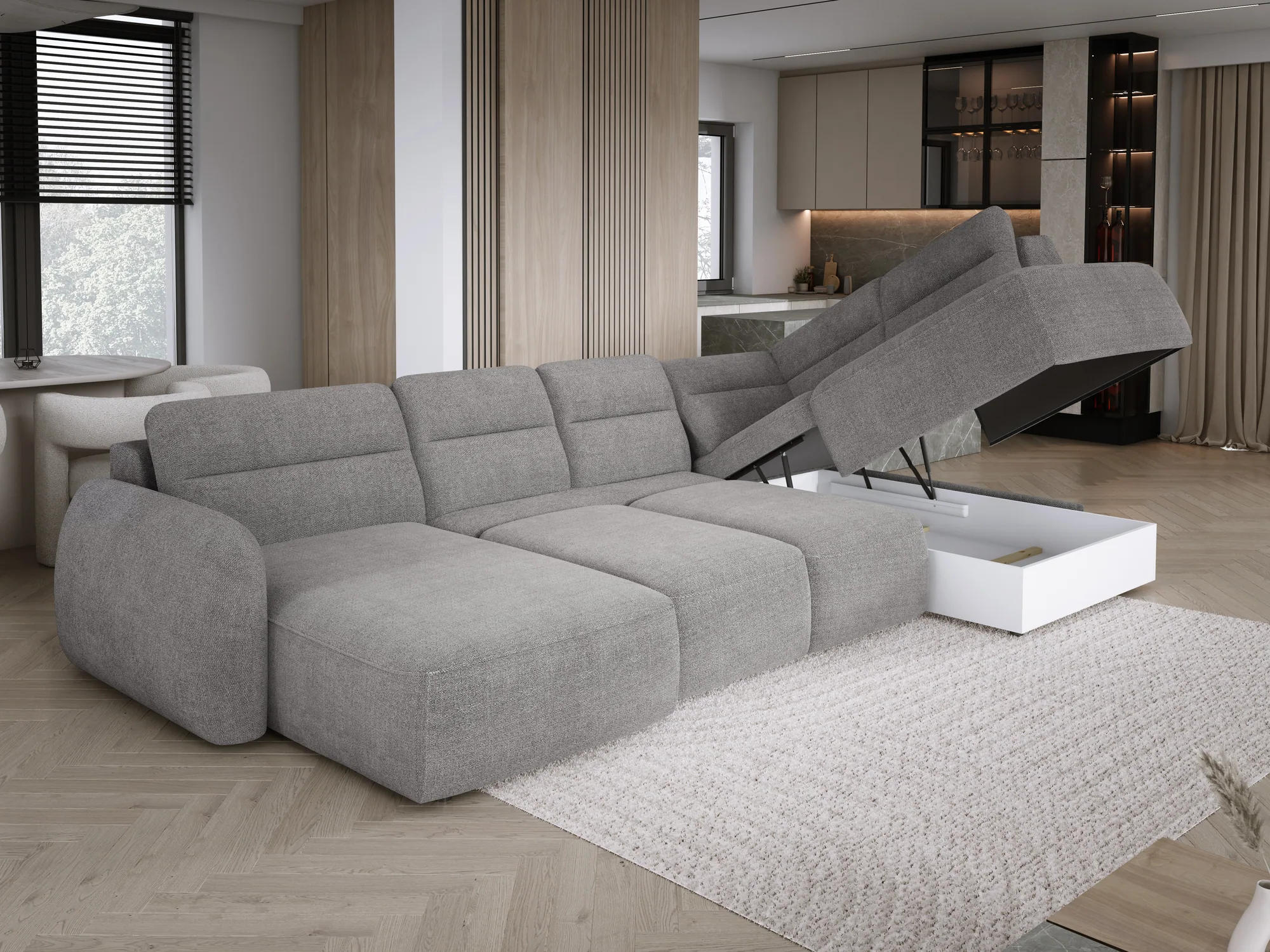 U-förmiges Eckschlafsofa mit elektrischem Sitz und Bettkasten CALVANO XL – Funktion geöffnet, im Raum