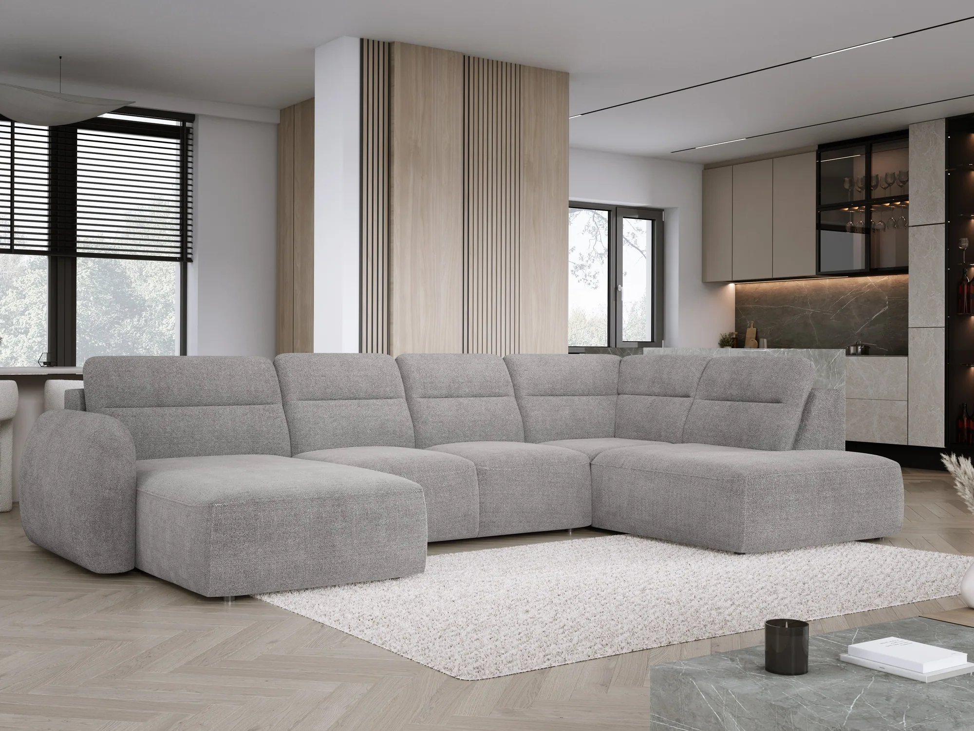 U-förmiges Eckschlafsofa mit elektrischem Sitz und Bettkasten CALVANO XL – Schrägansicht, im Raum