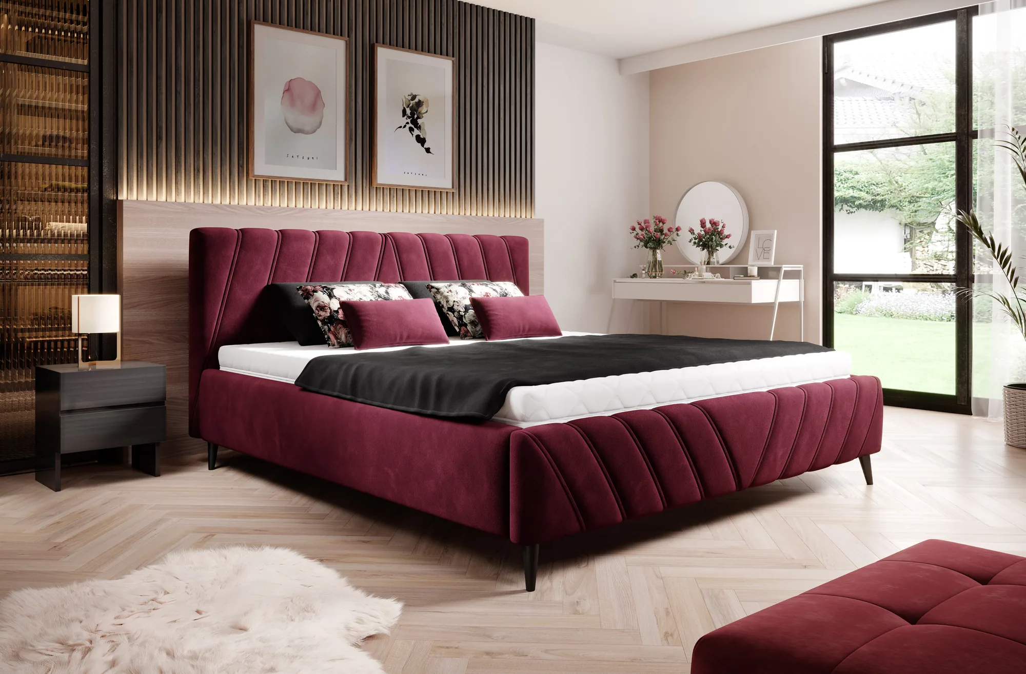 Polster-Doppelbett mit Bettkasten CALYPSO – im Raum