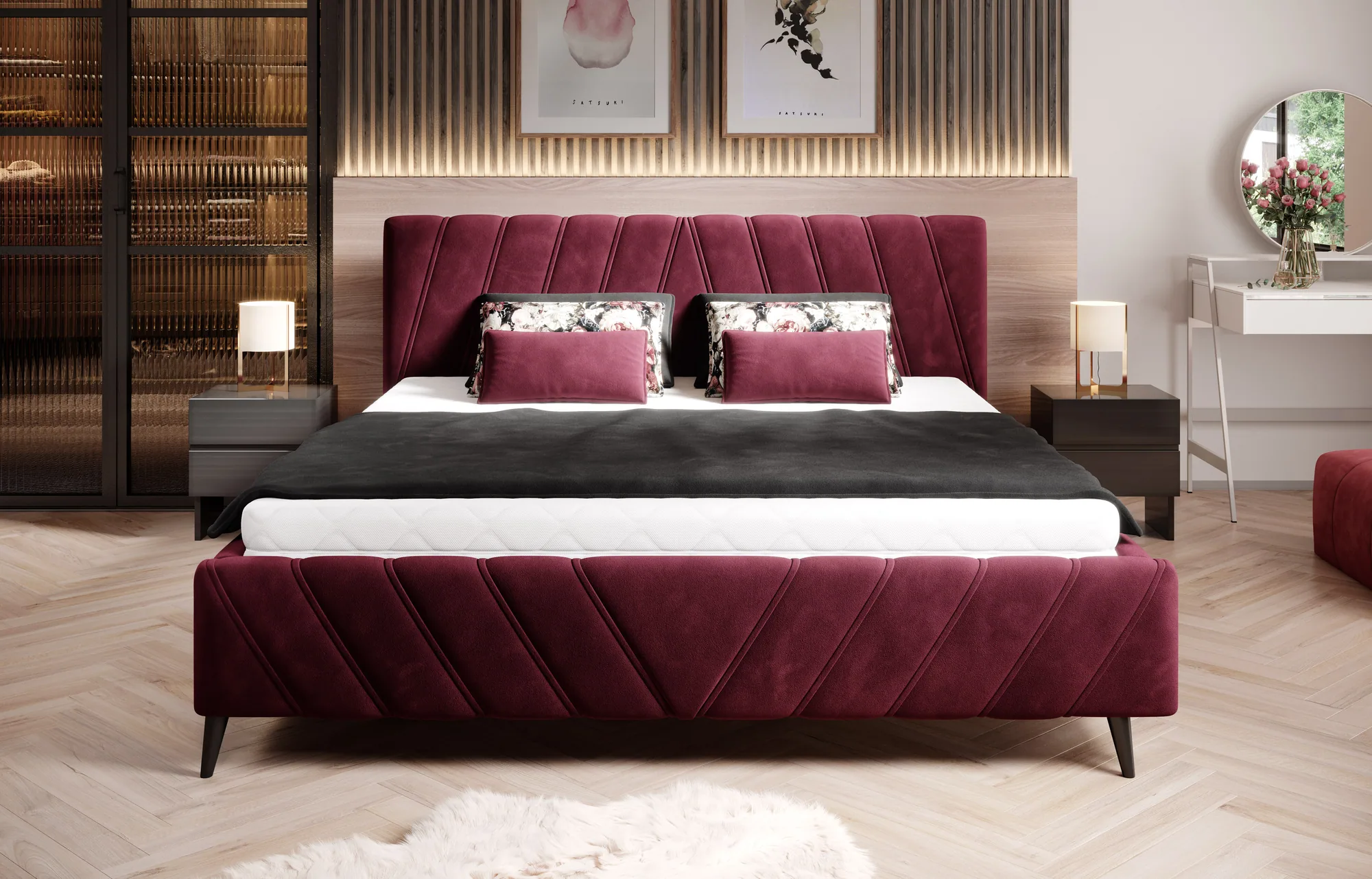 Polster-Doppelbett mit Bettkasten CALYPSO – Frontansicht, im Raum