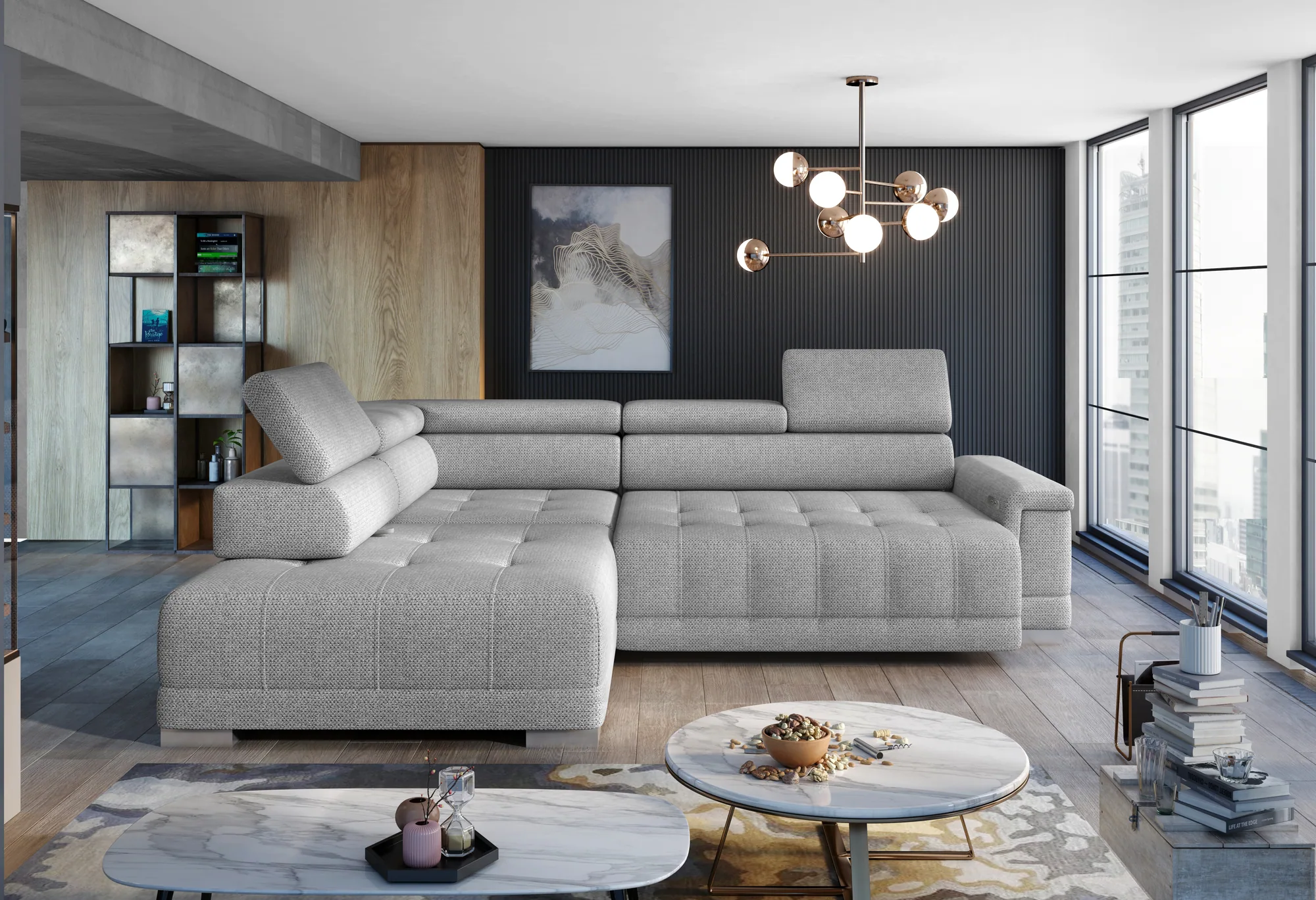 Relax-Ecksofa mit elektrischem Sitz CAMPO L – Funktion geöffnet, im Raum