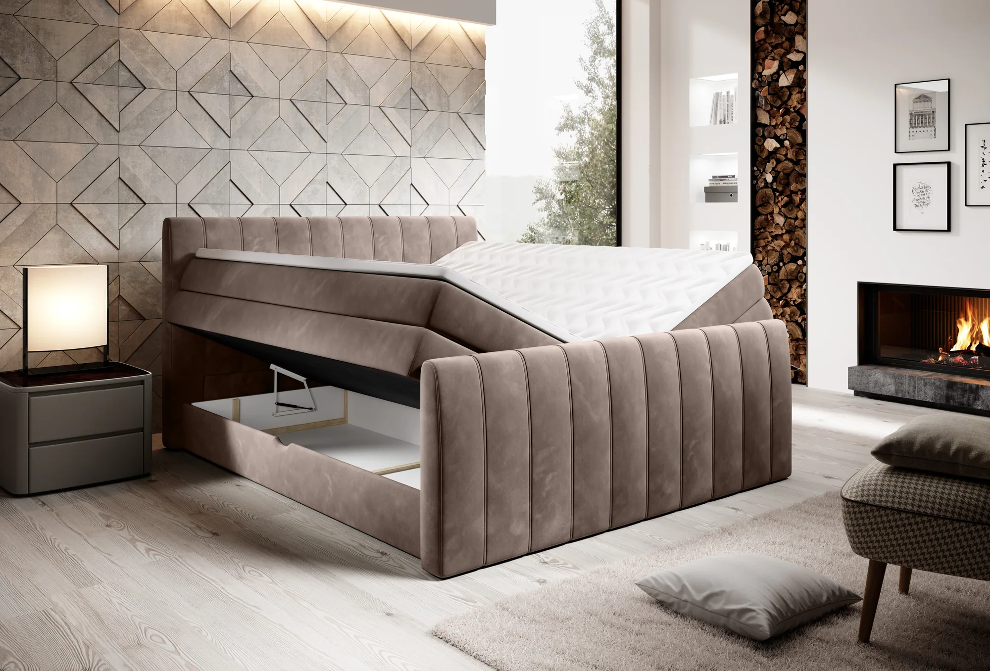Boxspring-Doppelbett mit Bettkasten CARINA – Funktion geöffnet, im Raum