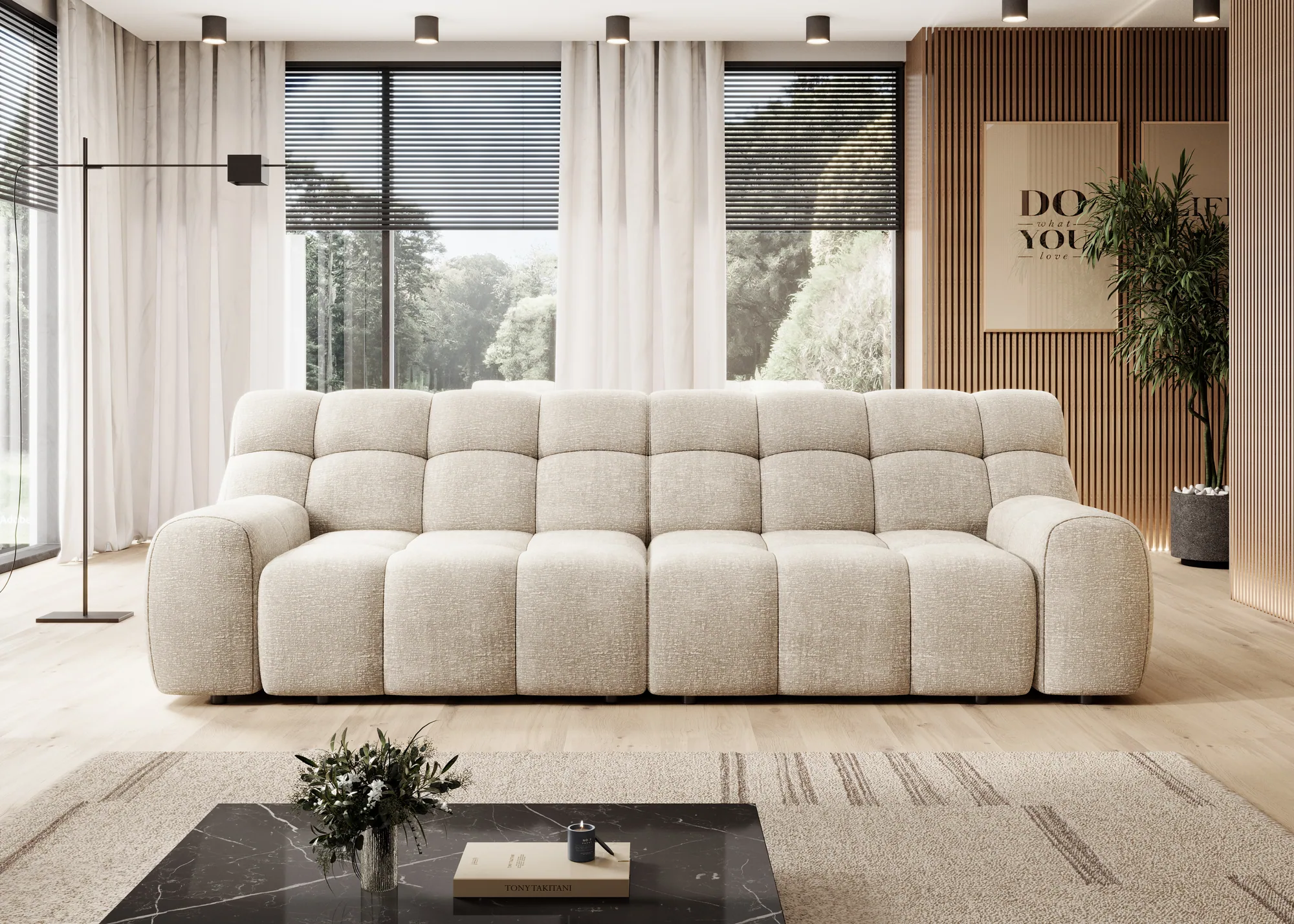 Schlafsofa mit Bettkasten COCON – Frontansicht, im Raum
