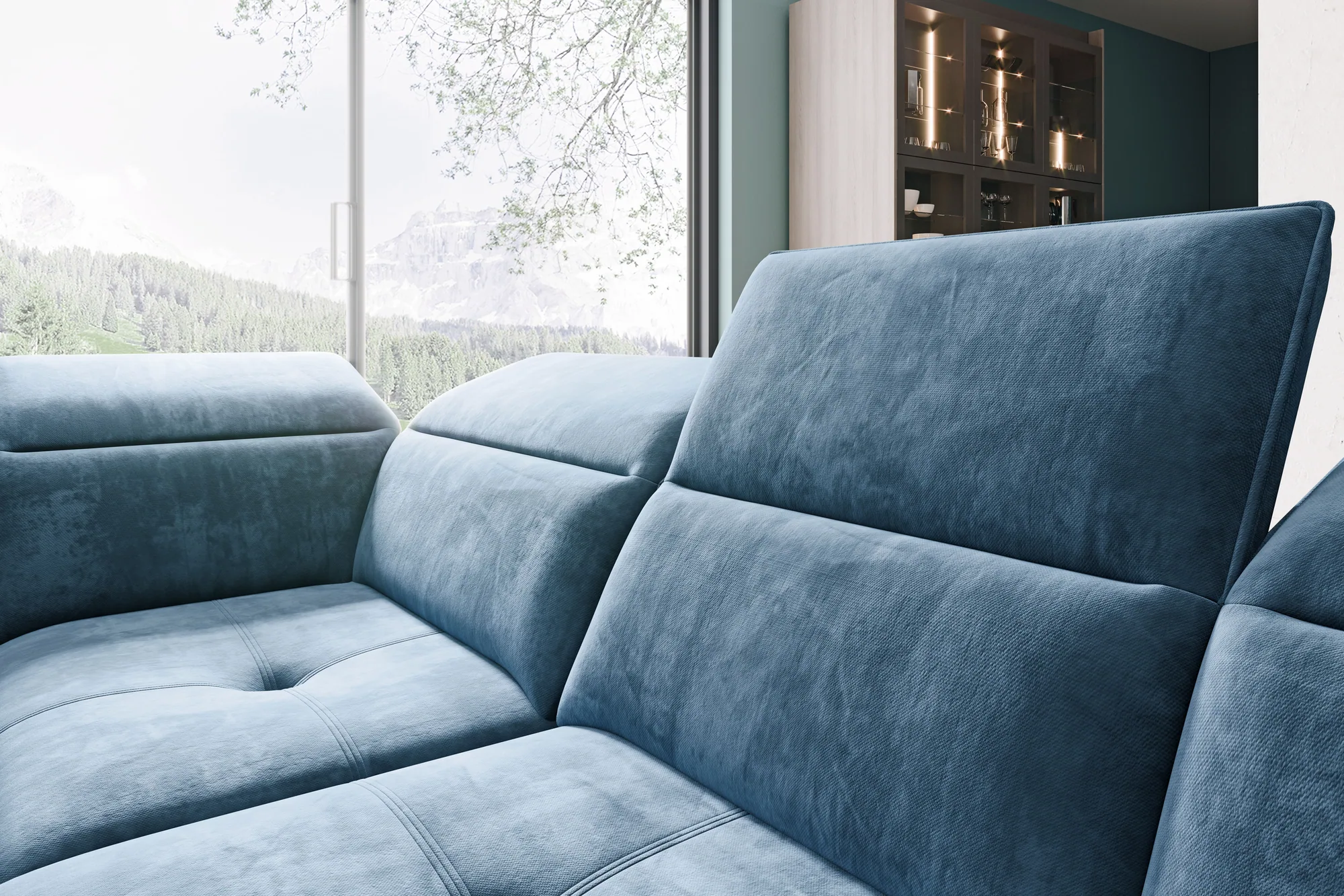 U-förmiges Eckschlafsofa mit elektrischem Sitz und Bettkasten COLOMBO XL – Detail, im Raum