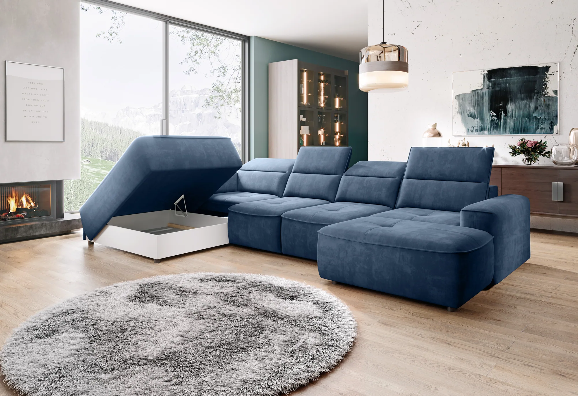 U-förmiges Eckschlafsofa mit elektrischem Sitz und Bettkasten COLOMBO XL – Funktion geöffnet, im Raum
