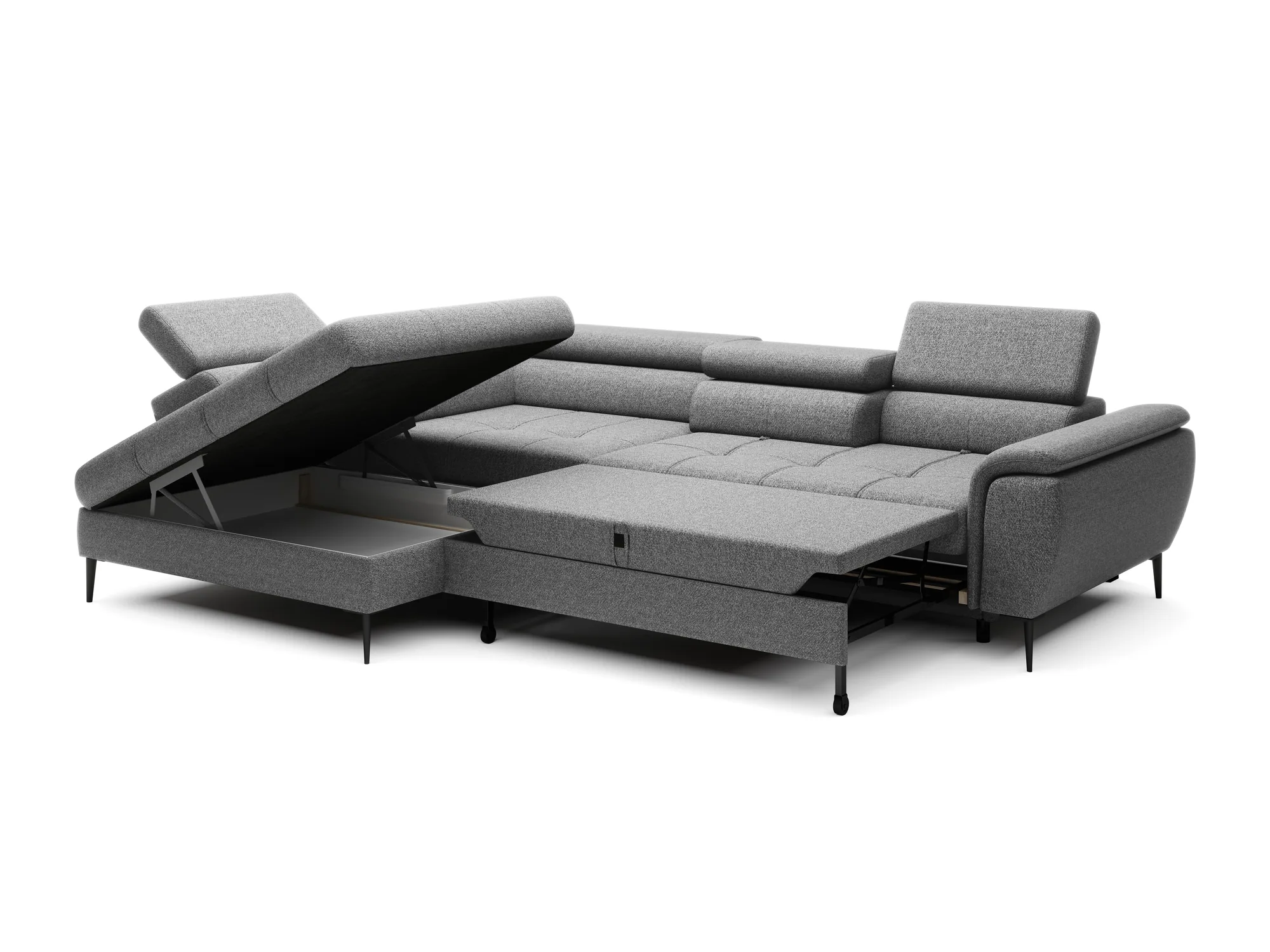 Eckschlafsofa mit Bettkasten DENVER – Funktion geöffnet, auf weißem Hintergrund