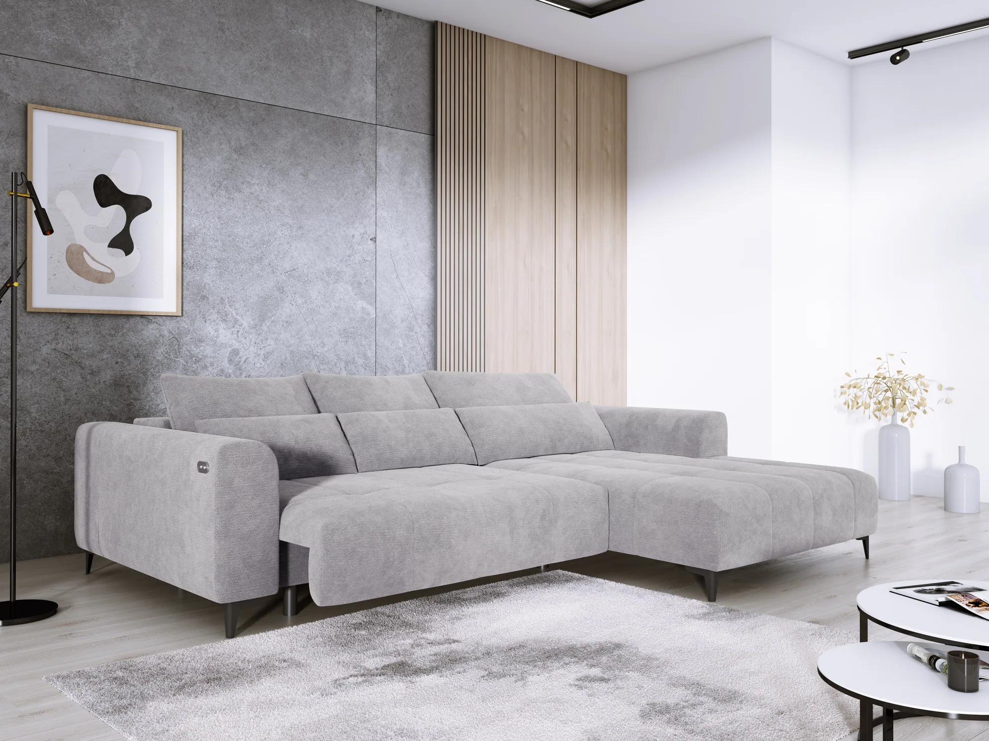 Divano angolare relax con seduta elettrica DIEGO S – funzione aperta, ambientazione