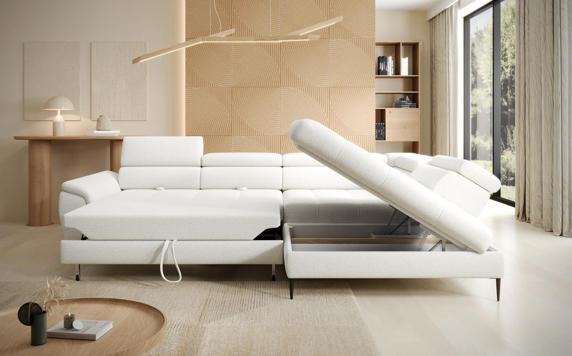 Eckschlafsofa mit Bettkasten EMPOLI L – Funktion geöffnet, im Raum