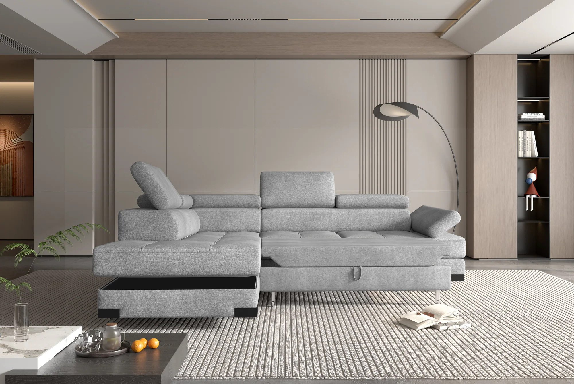 Eckschlafsofa mit Bettkasten EMPORIO L – Funktion geöffnet, im Raum