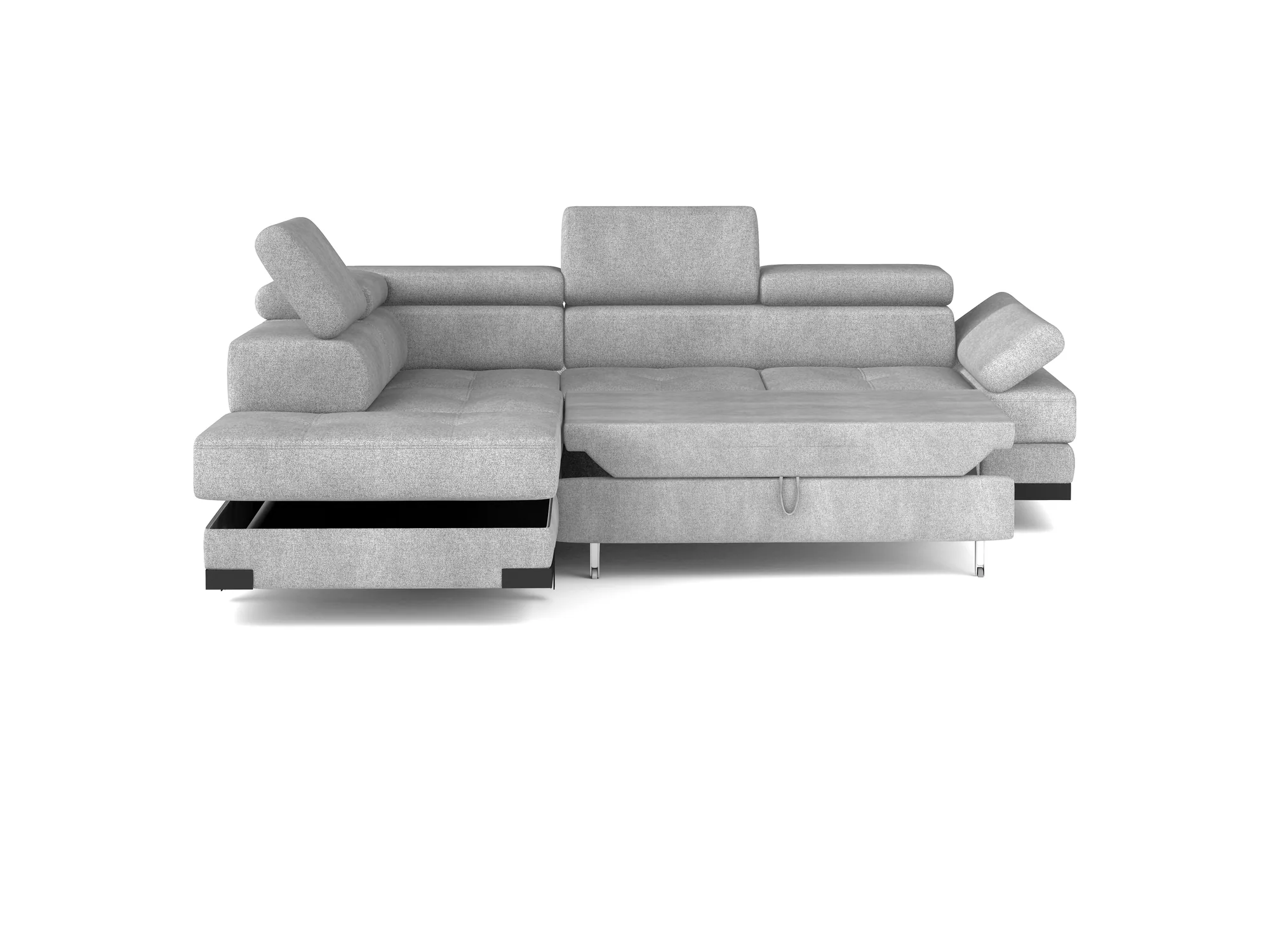 Eckschlafsofa mit Bettkasten EMPORIO L – Funktion geöffnet, auf weißem Hintergrund