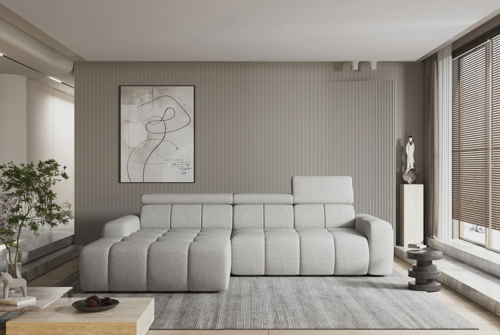 Eckschlafsofa mit elektrischem Sitz und Bettkasten ENZO S – im Raum