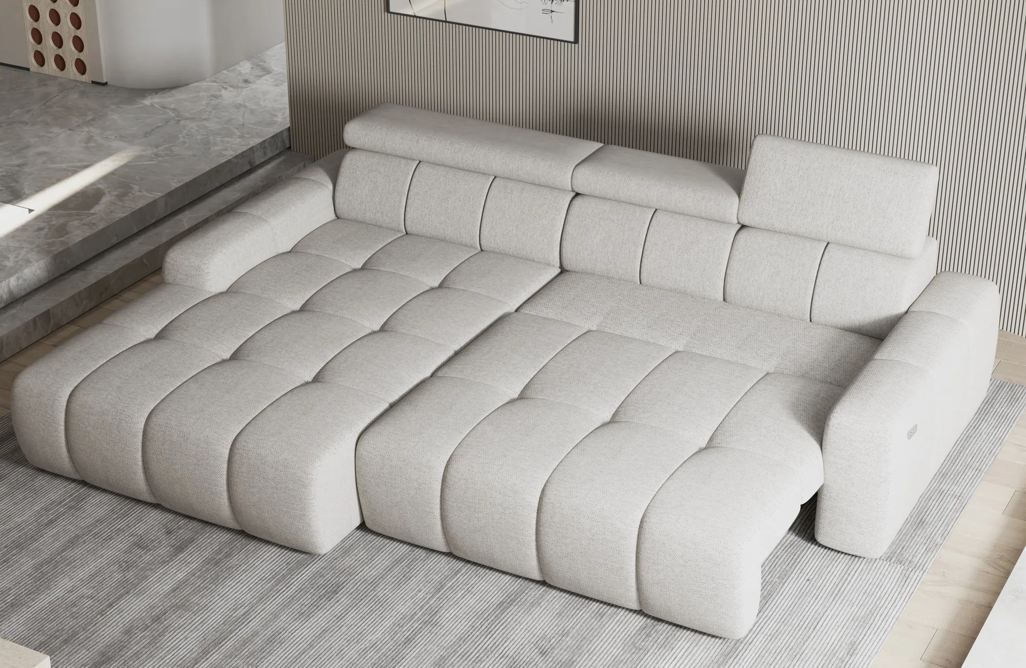 Eckschlafsofa mit elektrischem Sitz und Bettkasten ENZO S – Detail, im Raum