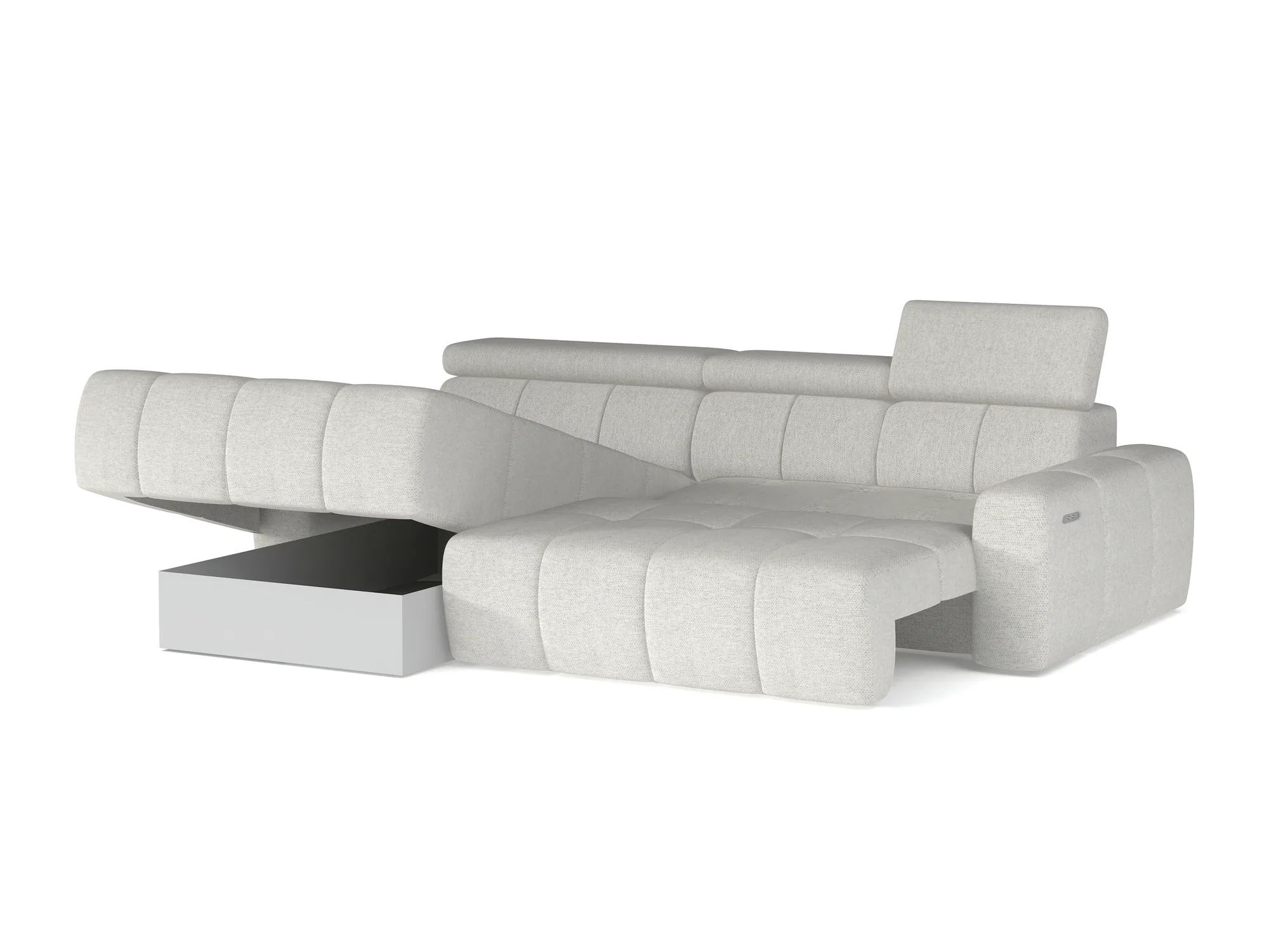 Eckschlafsofa mit elektrischem Sitz und Bettkasten ENZO S – Funktion geöffnet, auf weißem Hintergrund