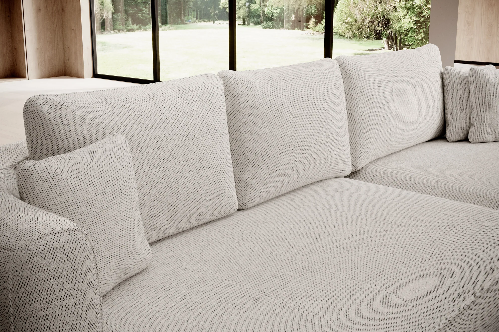 Divano angolare con funzione letto e contenitore FIORE – dettaglio, ambientazione