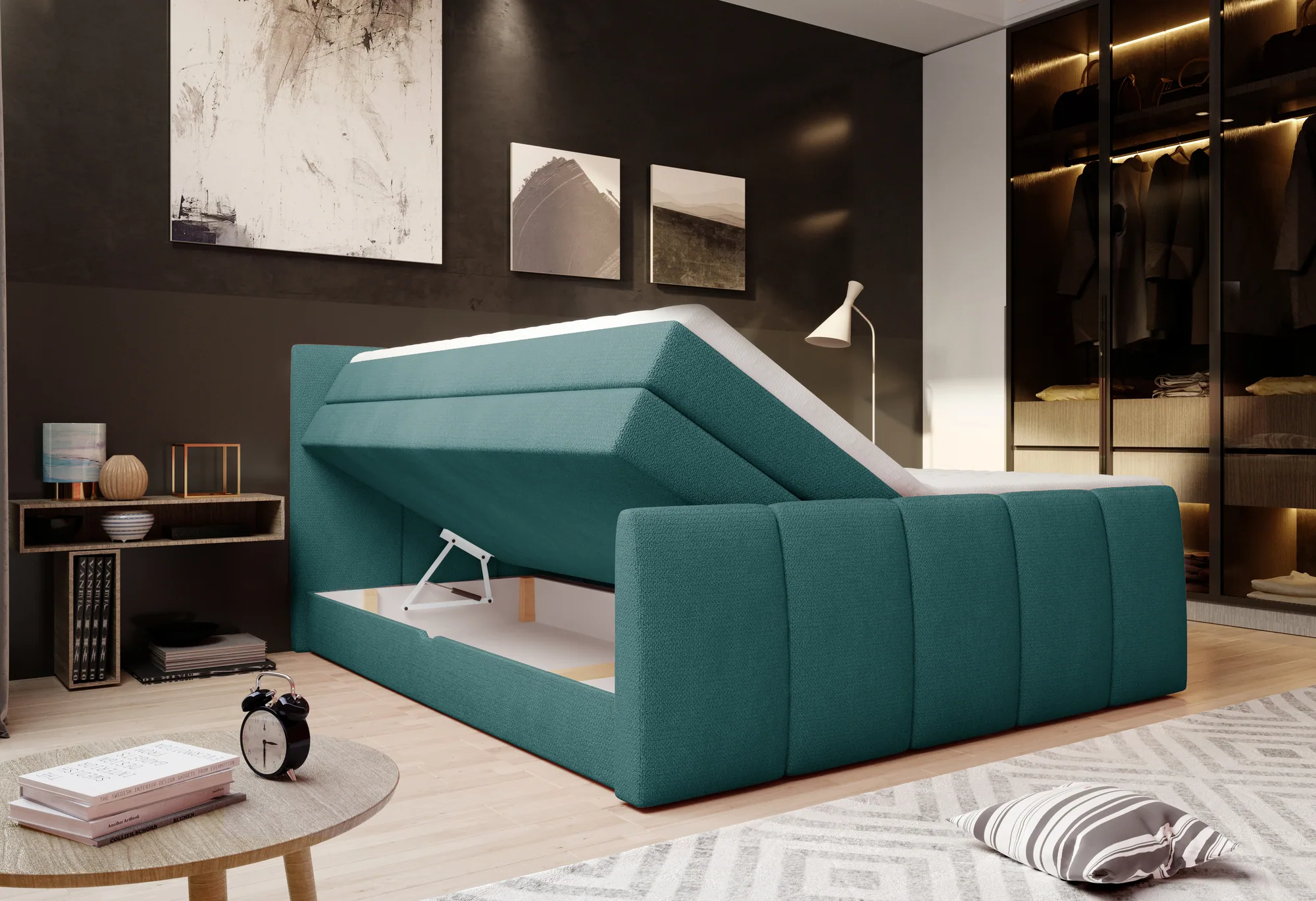 Boxspring-Doppelbett mit Bettkasten FRESCO – Bettkasten geöffnet, im Raum