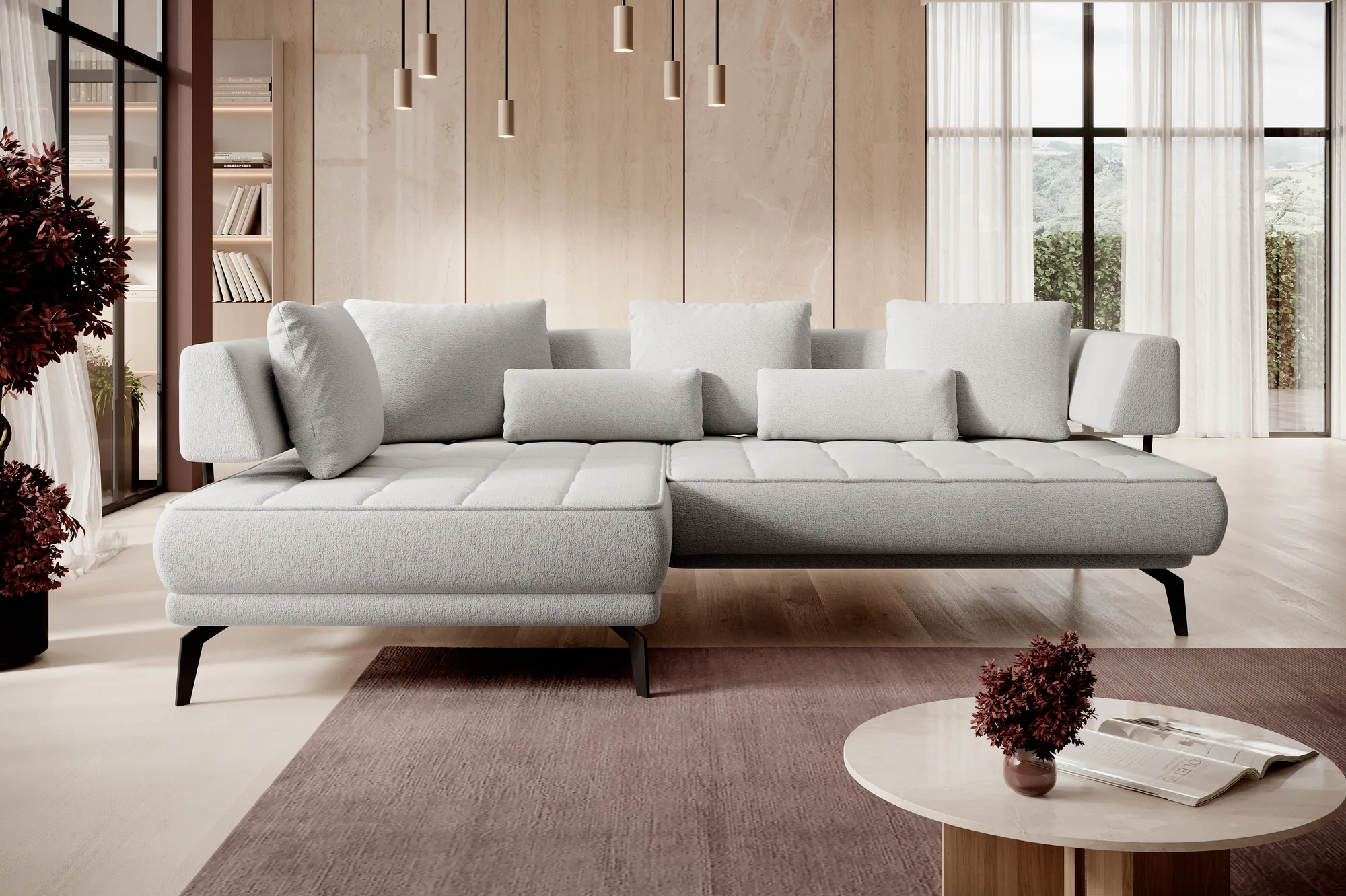 Relax-Ecksofa mit elektrischem Sitz GIOTTO – Funktion geöffnet, im Raum