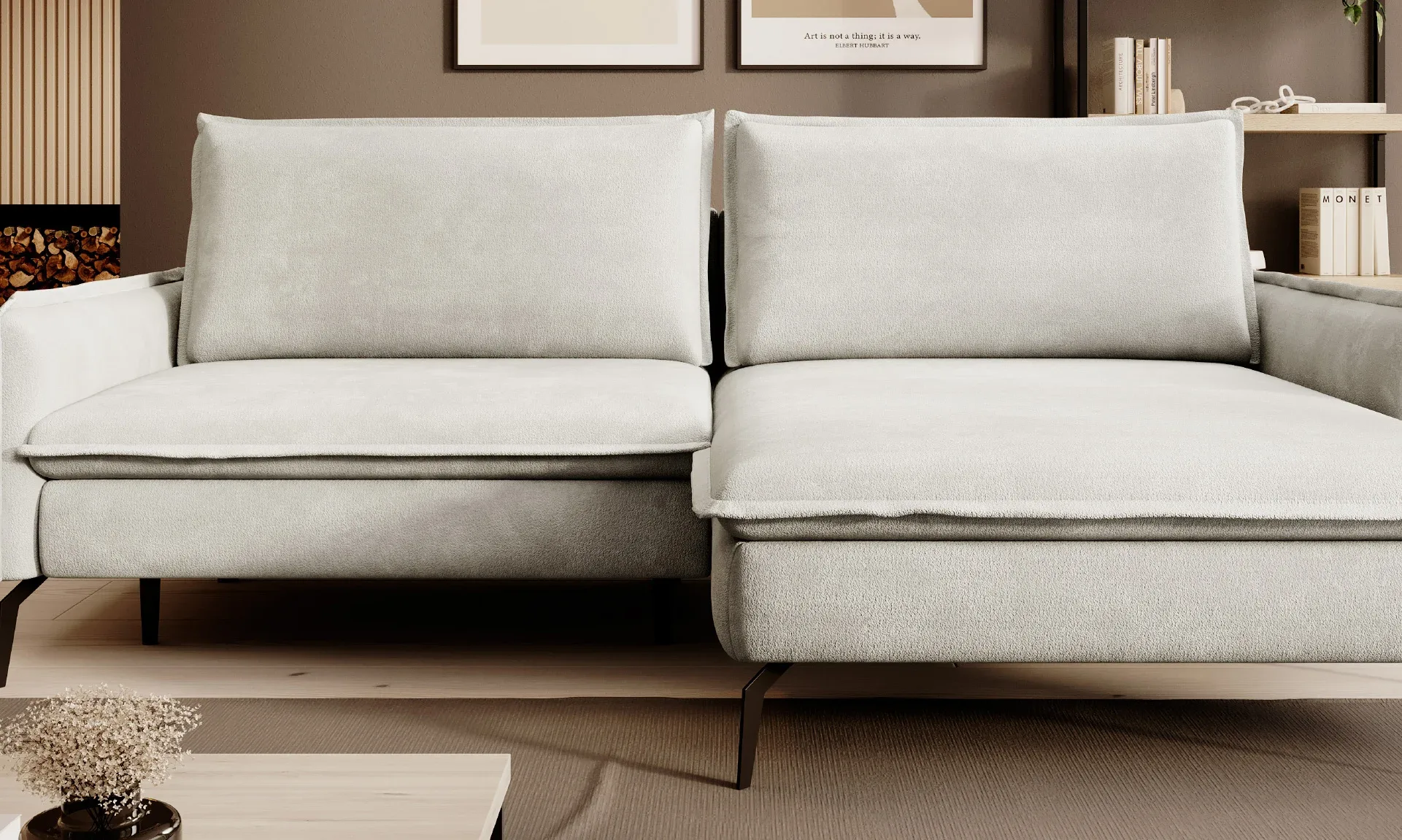 Eckschlafsofa mit Bettkasten GLOSSY – im Raum