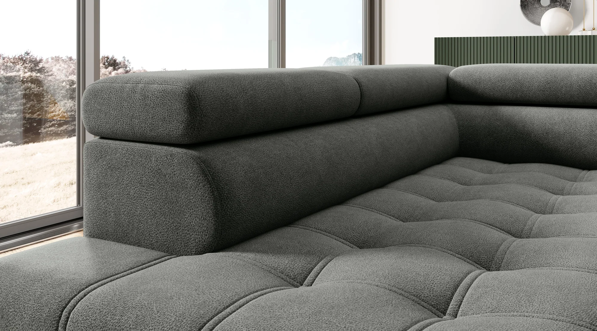 Relax-Ecksofa mit elektrischem Sitz GREMIO – Detail, im Raum
