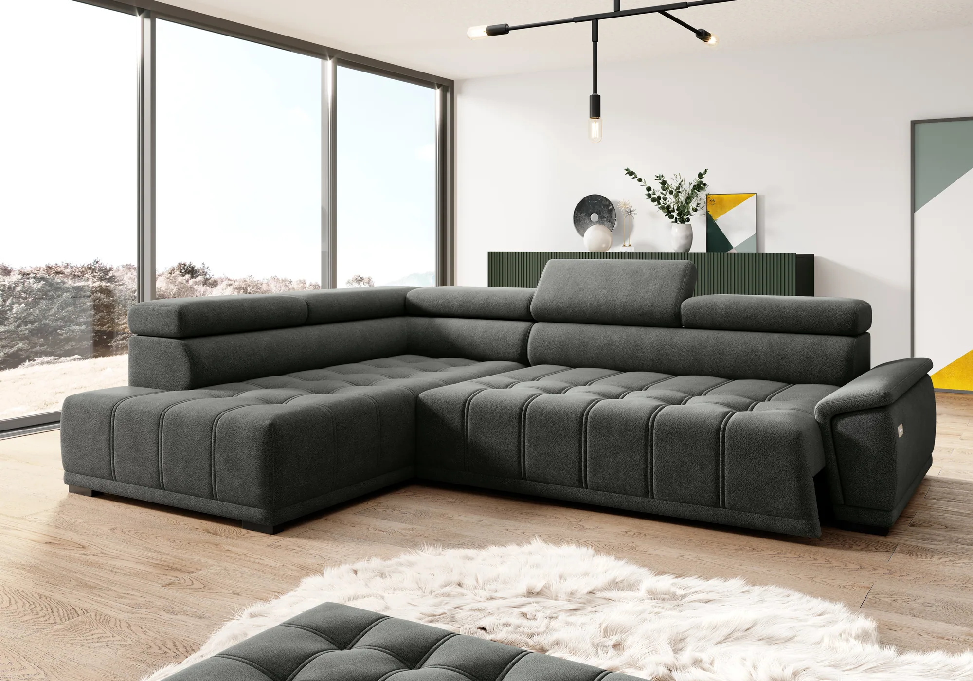 Relax-Ecksofa mit elektrischem Sitz GREMIO – Funktion geöffnet, im Raum