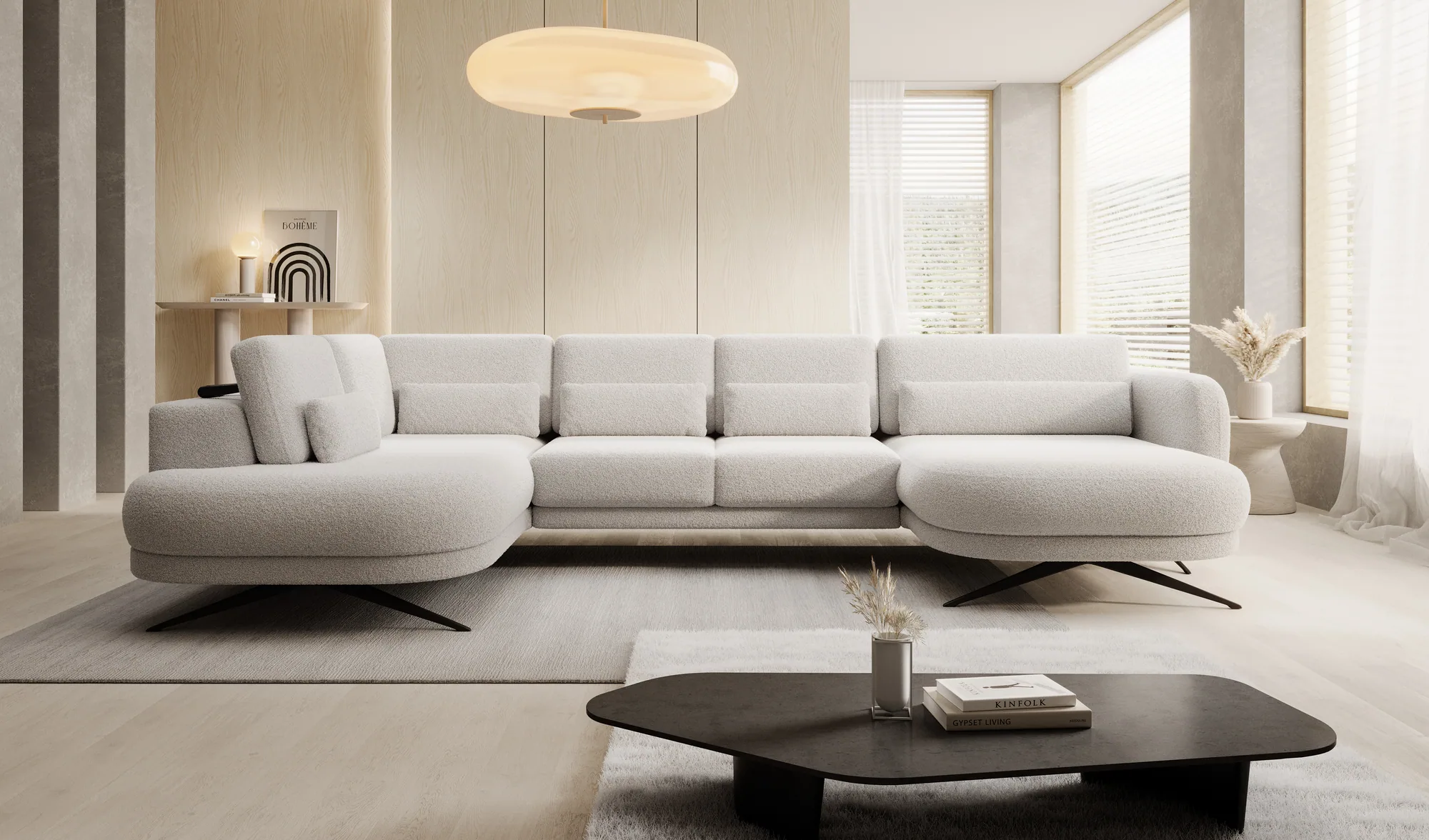 U-förmiges Relax-Ecksofa mit elektrischem Sitz ILUSIO XL – Frontansicht, im Raum