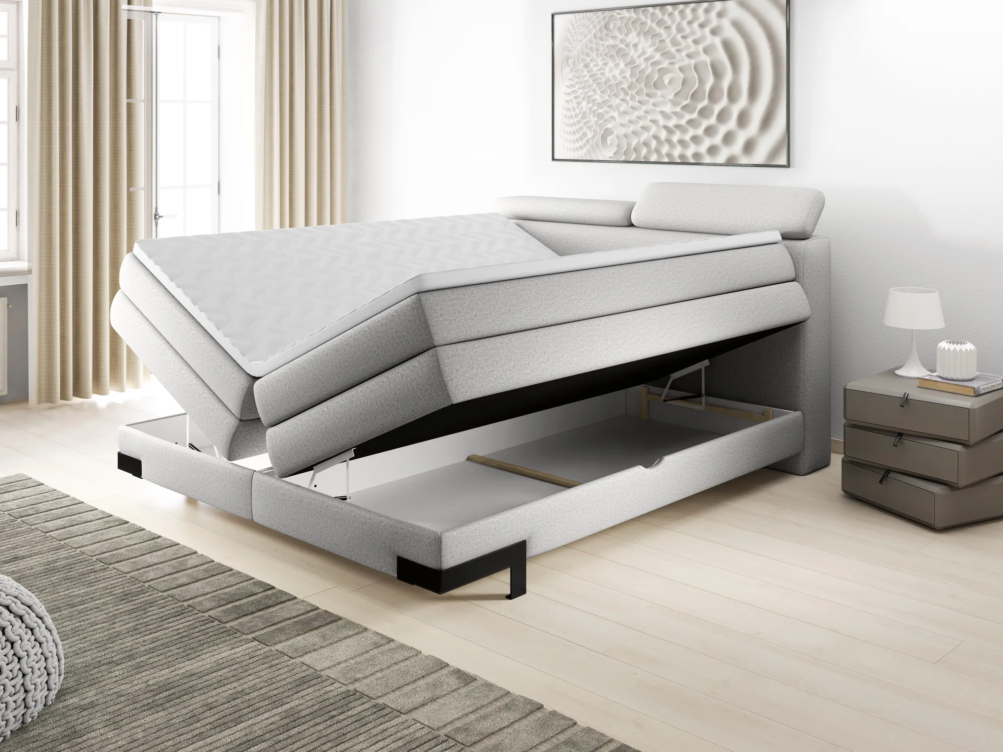 Boxspring-Doppelbett mit Bettkasten KANO – Funktion geöffnet, im Raum