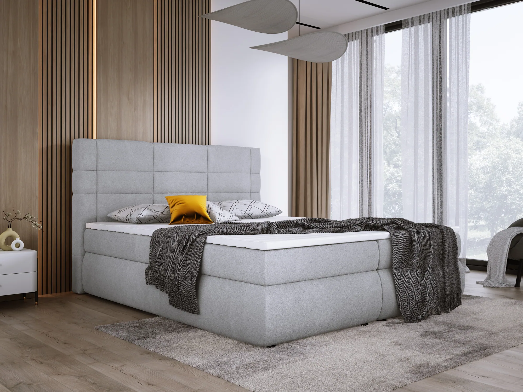 Letto matrimoniale boxspring con contenitore LARGO – vista angolare, ambientazione