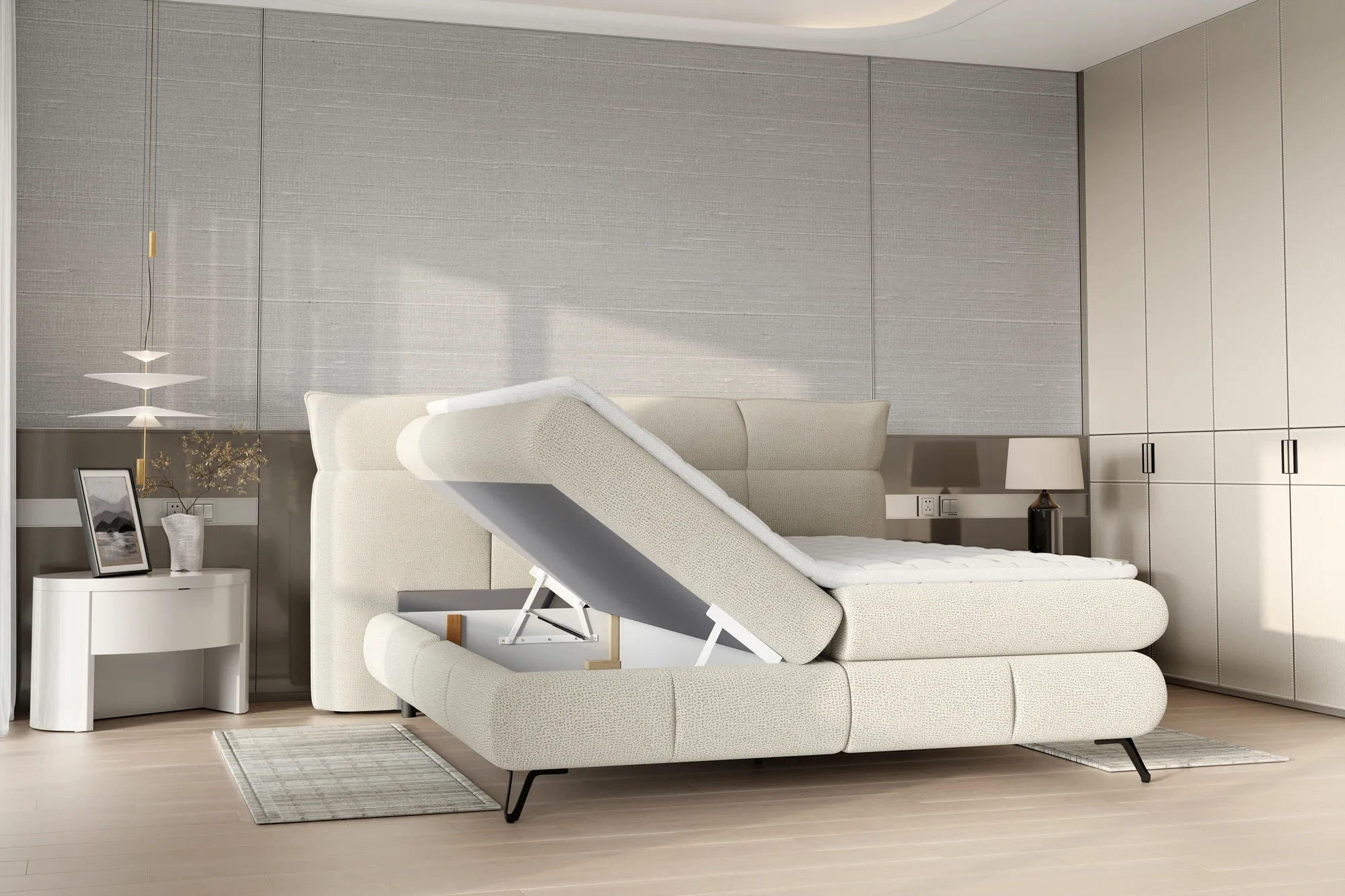 Letto boxspring LENA – contenitore aperto, ambientazione