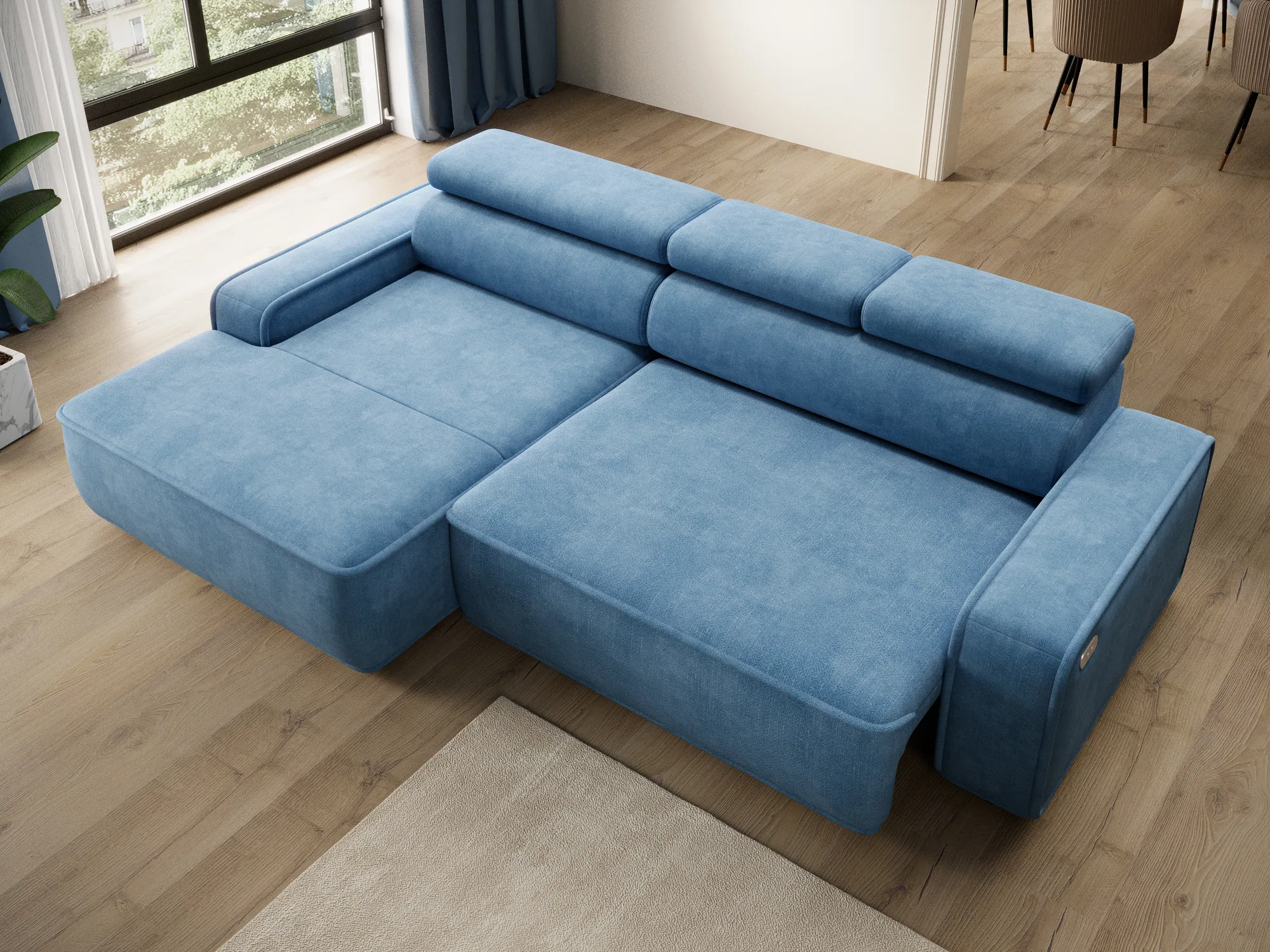 Divano angolare relax con seduta elettrica LIAM S – funzione aperta, ambientazione