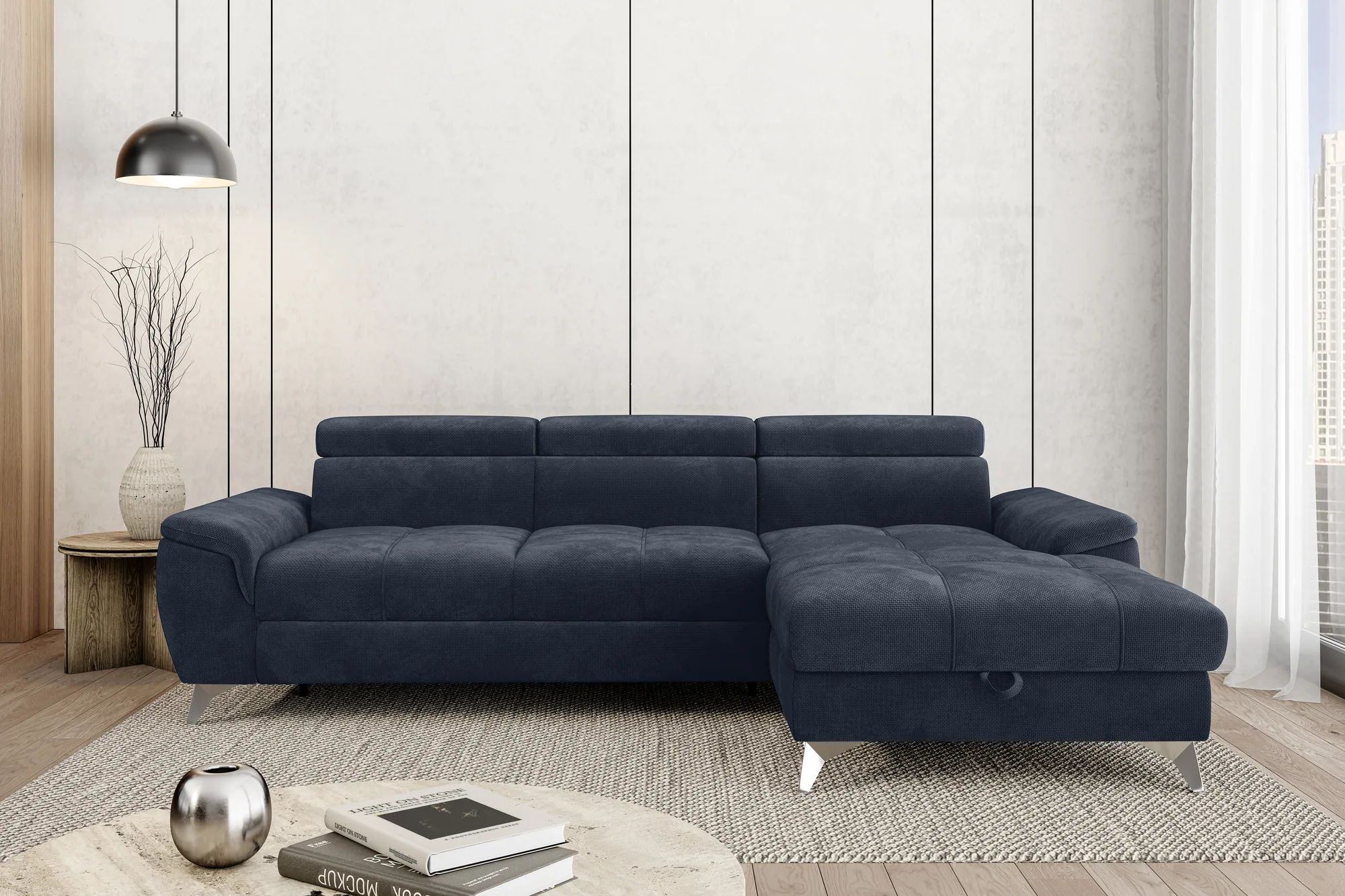 Eckschlafsofa mit Bettkasten LUGANO – im Raum