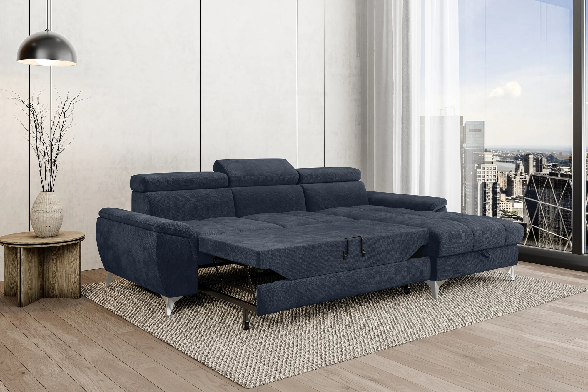 Eckschlafsofa mit Bettkasten LUGANO – Funktion geöffnet, im Raum